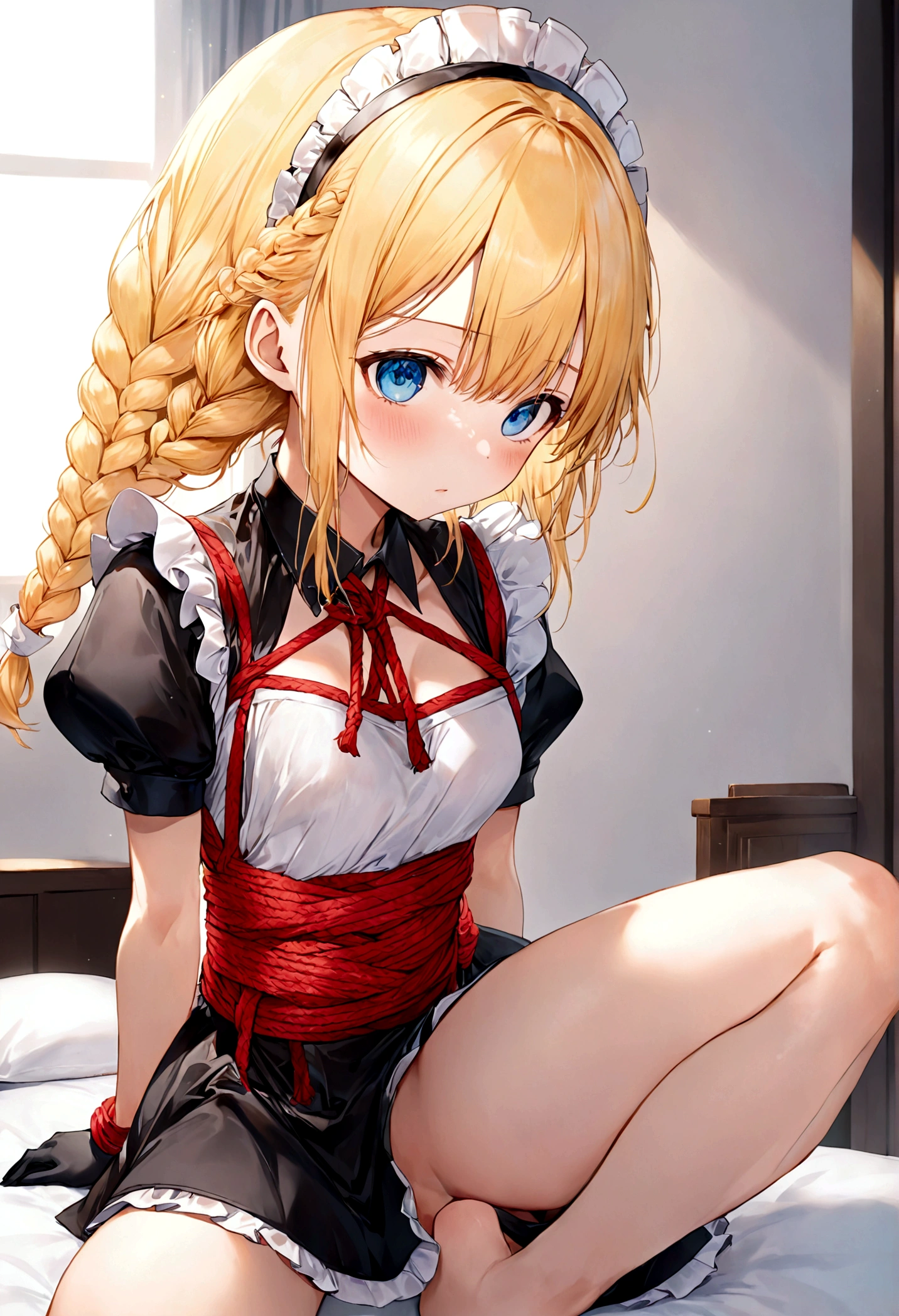 Shiny blond hair, very long hair, sophisticated haircut, ((((hair fully braided)))), ((small twisted braids)), thin and oval face, submissive, ((((very cute maid girl)))), ((((very cute black maid dress)))), ((((cute waitress serving a blond man)))), cute and blushing 18 years old anime girl, look away because she is embarrassed and blushes, bright blue eyes, detailed face, detailed members, detailed arms, detailed hands, ((((sparkling diamond jewelry)))), tiara, ((makeup)), high heels, puffy sleeves, long gloves, long eyelashes, maid costume, maid dress, maid girl, Girl lying, tied by ropes, shackled, can no longer move, tied tightly, very hard tied up with lots of ropes, hampered by so many ropes that she can no longer move, bound hands and feet, ropes tie his whole body, tied extremely tightly and forcefully to her bed by a lot of ropes, its limbs are strongly tied together by ropes, his torso is tied up with thick cords, her chest is so tied up with ropes that it sticks out, her legs are tied tightly with thick ropes, his hands are tied behind his back with ropes, she can no longer move her feet, her hands which are tied by thick ropes, she desperately tries to free herself, likes to be tied tight with big ropes, likes to be immobilized by big ropes, lying down, his hands and feet are strongly tied to the railing of his bed, his legs are pressed together and tied with ropes, its limbs are held vigorously by imposing ropes, her hands are tied securely behind her back by ropes, her chest is compressed by strong ropes, she is pressed against her bed and restrained by large ropes (shibari, arms behind the back:1.4), (hands on the back), (masterpiece, best quality) 1.5, 1girl, solo, (sexy, beautiful woman, perfect face, perfect eyes, perfect hands), samus aran, (shibari, arms behind the back:1.4), (hands on the back), Spread the legs, s&#39; ((lie in bed by big ropes)), ((close up of the girl)), ((((lie in bed))))