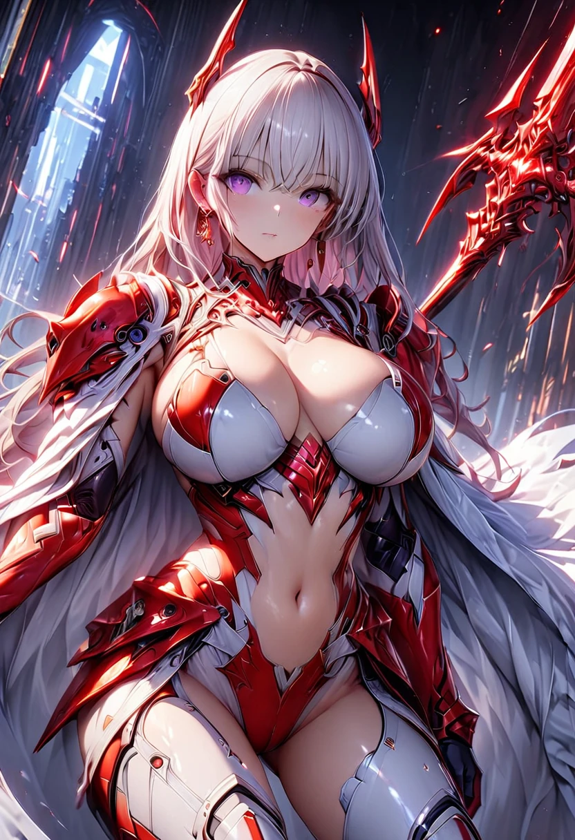 Woman in a futuristic suit, Very detailedな顔, nice, mother, Tomboy, Very large breasts, Battle Suit, Cyber Suit, Anime girl in tight suit, Milfication, Elegant body, Focus on the navel, gloves, Earrings, Leg armor, SF, Female protagonist, Are standing, Volumetric Light, Detailed lighting, Detailed Texture, BoobsCyberpunk, Biomechanical , masterpiece, Top quality eyes, sci-fi background, Futuristic landscape、Fighting、Ultra-realistic, Ultra-realistic, Very detailed, (Cyber Samurai, ((alone)), Attack with the red sword, Wearing red armor and mask, Cape, Shineing beautiful purple eyes, Shine:1.3) (Shineing simple black background:1.25),