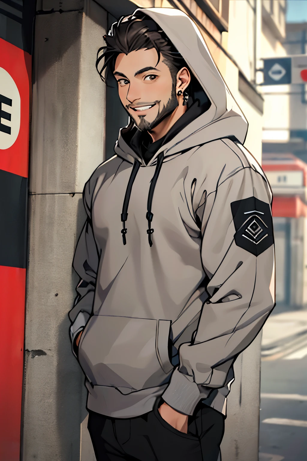 ((best quality)), ((masterpiece)),Camera angle、 (detailed),(((Light grey sweatshirt with hood))) (((Short beard)))、20th Generation、perfect face, mature, balaclava, black uniform, short black hair, brown eyes, Earrings、smile