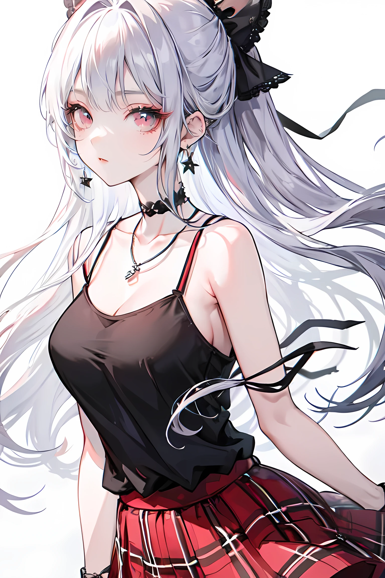 silver hair、red eyes、one good looking girl、solo、anime、plaid mini skirt、black camisole、black t-shirt、dress、wearing a ribbon、ribbon at waist、stones are piled up、crystal earrings、jewelry necklace、Light and shadow、tilting one's face、teeth are visible、pillar、skylight、fireplace、evil looking face