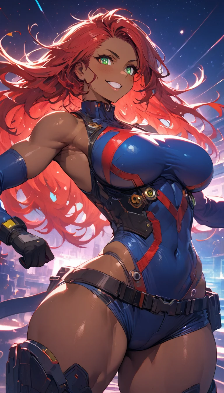 best quality,4k,8k,highres,masterpiece:1.2),ultra-detailed, extremely detailed eyes, extremely detailed body, (large masterpiece digital art), (detailed manga illustration), (detailed line art), ((perfect anatomy)), (intricate details:1.3), (ultra-detailed:1.3), (illustration:1.3), (sharp focus:1.3), (natural lighting:1.05), (vivid colors:1.3), (masterpiece), (best quality:1.4), (perfect anatomy:1.4), high quality, expressive eyes, full body, detailed face, beautiful face, perfect face, 1 girl, breasts, cleavage, gloves, huge breasts, cyberpunk clothes, jacket, black jacket, very long hair, thigh length hair, ({dark skin}), dark-skinned female ,detailed ((red hair)), messy hair, green eyes, hourglass physique, bodysuit, ultramarine bodysuit, sleeveless, shorts, thick thighs, toned, captain marvel emblem, emblem, superhero, dynamic lighting, cinematic lighting, dynamic heroic pose, smiling, outer space background, curvy,