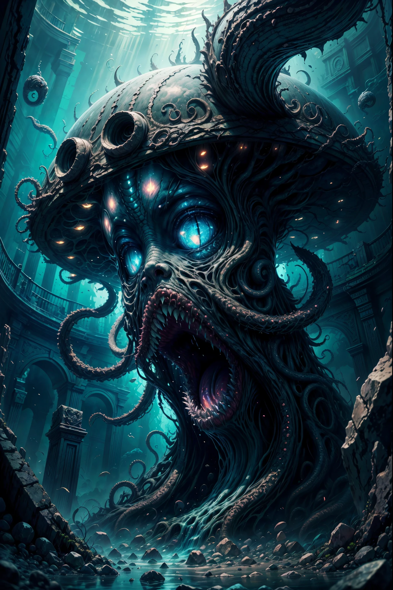 Cthulhu, mythical creature, tentacles, deep sea, darkness, mysterious, ancient, ruins, mystical symbols, mysterious glow, underwater palace,illustration,oil painting,highres,masterpiece:1.2,ultra-detailed, HDR,studio lighting,extreme detail description,professional,horror,realistic,vivid colors,deep blue tones, mysterious lighting