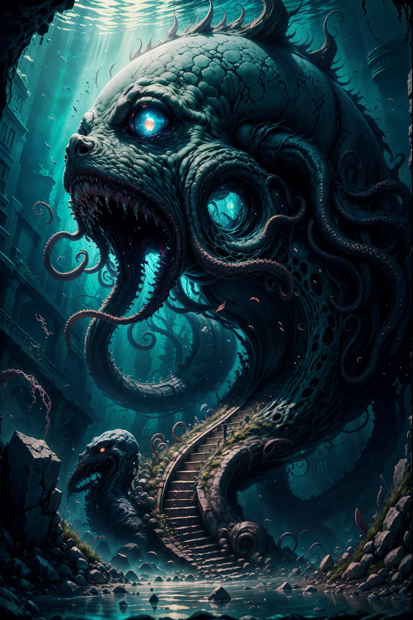Cthulhu, mythical creature, tentacles, deep sea, darkness, mysterious, ancient, ruins, mystical symbols, mysterious glow, underwater palace,illustration,oil painting,highres,masterpiece:1.2,ultra-detailed, HDR,studio lighting,extreme detail description,professional,horror,realistic,vivid colors,deep blue tones, mysterious lighting