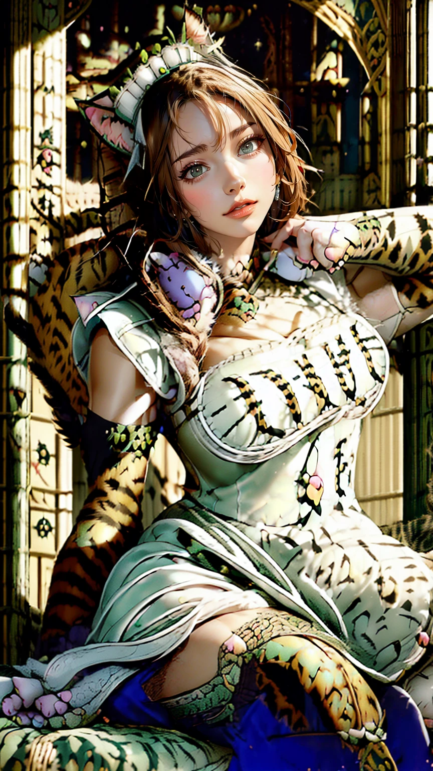 Beautiful woman, (Elf Queen:1.4) Sitting on the throne,(Cat maid outfit:1.8) , Perfect Face, whole body, Victorian era, Aristocratic costume, Intricate decoration, spelling, talk, smile, Put your arms behind your back, Soft Rim Light, Beautifully detailed skies, masterpiece, Ultra-high resolution, high quality, 4K, (photographrealistic:1.2), photograph,