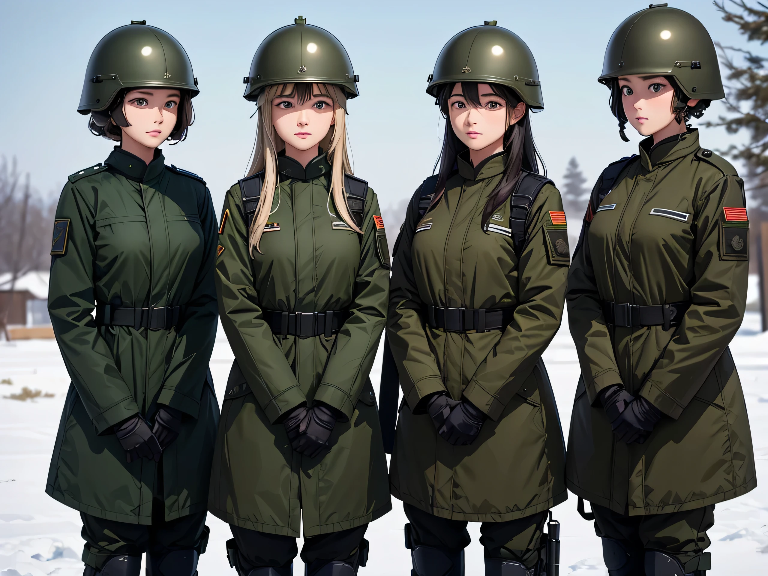 Four female soldiers wearing helmets stand at attention，Wear dark green M·51 coat、The same posture、Only military pants、Winter military camp，Write details、masterpiece、best quality、Highly detailed CG、8K picture quality