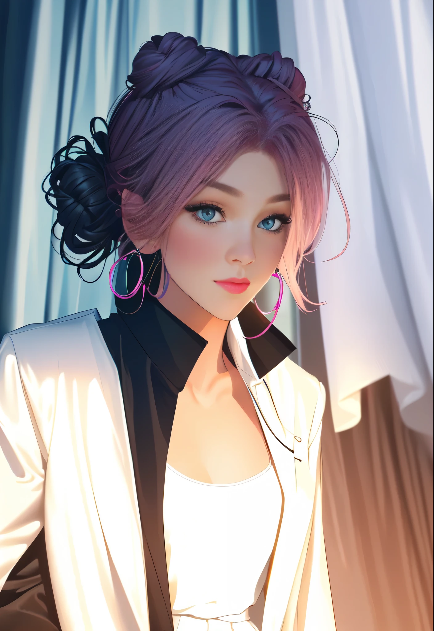 The environment is mysterious and elegant, Model, High contrast required, Jewelry, earrings, miniskirt, shirt, Jacket, Pink hair, 白shirt, A bracelet, single bun, long skirt, Shut up, Hoop Earrings, blue Jacket, roll up sleeves, Revealing clothes, cosmetic, White Skirt