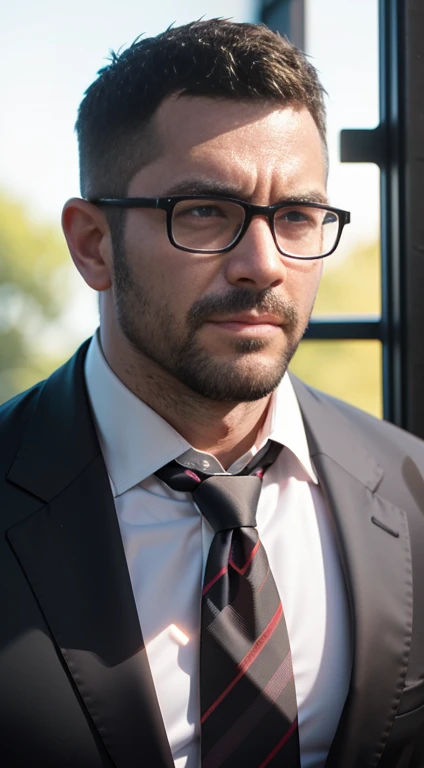 An award-winning original photo，A wild muscular man, (40 years old daddy:1.1), 1boy, Solo, (black suit), (white dress shirt), (red print necktie), (big shoulders), musculature, stubbles, Short beard, squinting eyes under the sunlight:1.3, ), (Detailed face:1.3), wearing glasses, slight smirk, Dynamic Angle, volumetric lighting, (Best quality, A high resolution, Photorealistic), Cinematic lighting, Masterpiece, RAW photo, Intricate details, hdr, depth of field, upper body shot