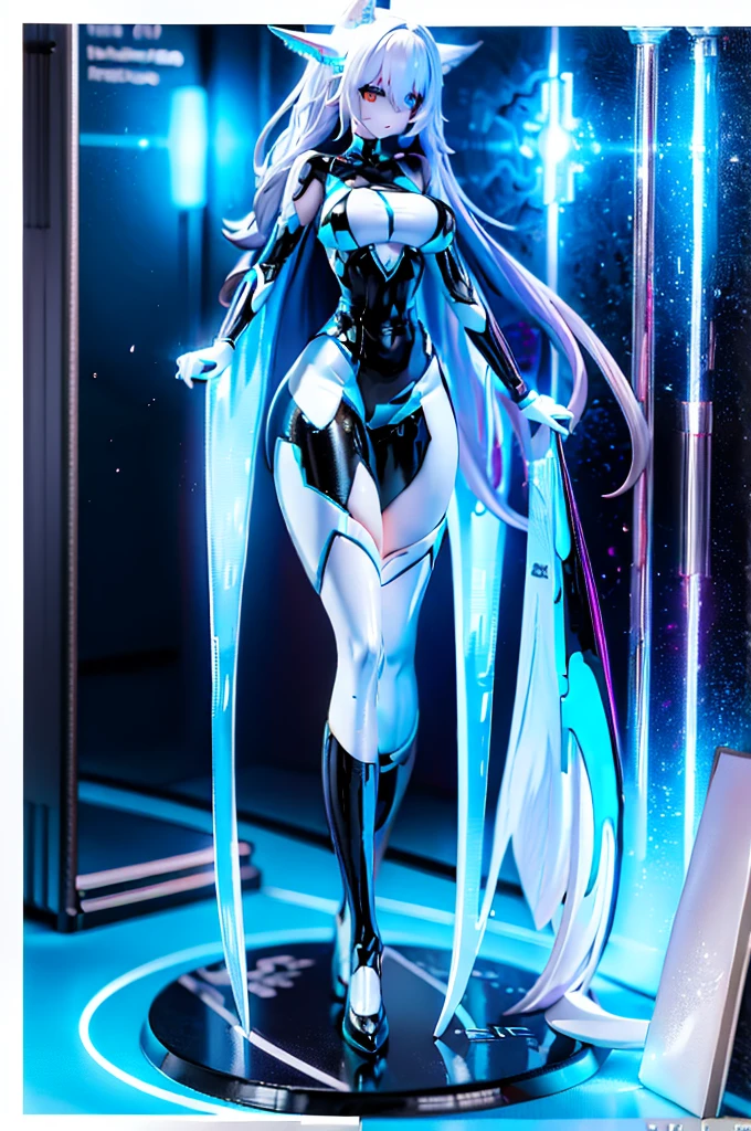 sci-fi fox girl,fox girl,metallic texture,shiny silver armor,glowing neon lights,sci-fi theme,colorful futuristic background,masterpiece:1.2,ultra-detailed,realistic:1.37,portraits,cool blue color tone,stunning lighting,full body,perfect body