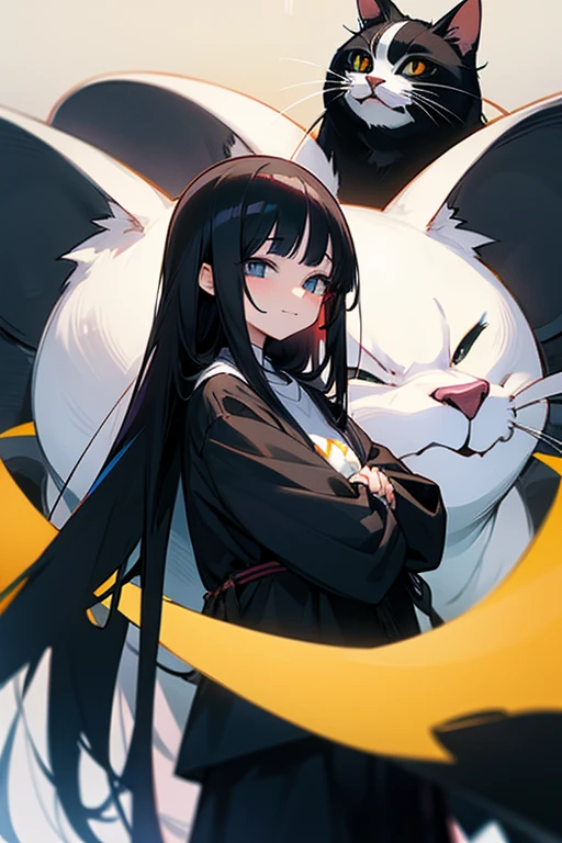 female、Long Black Hair、Droopy eyes、slender、リビングでKittenと遊んでいるfemale性、smile、Kitten　、Casual Fashion
