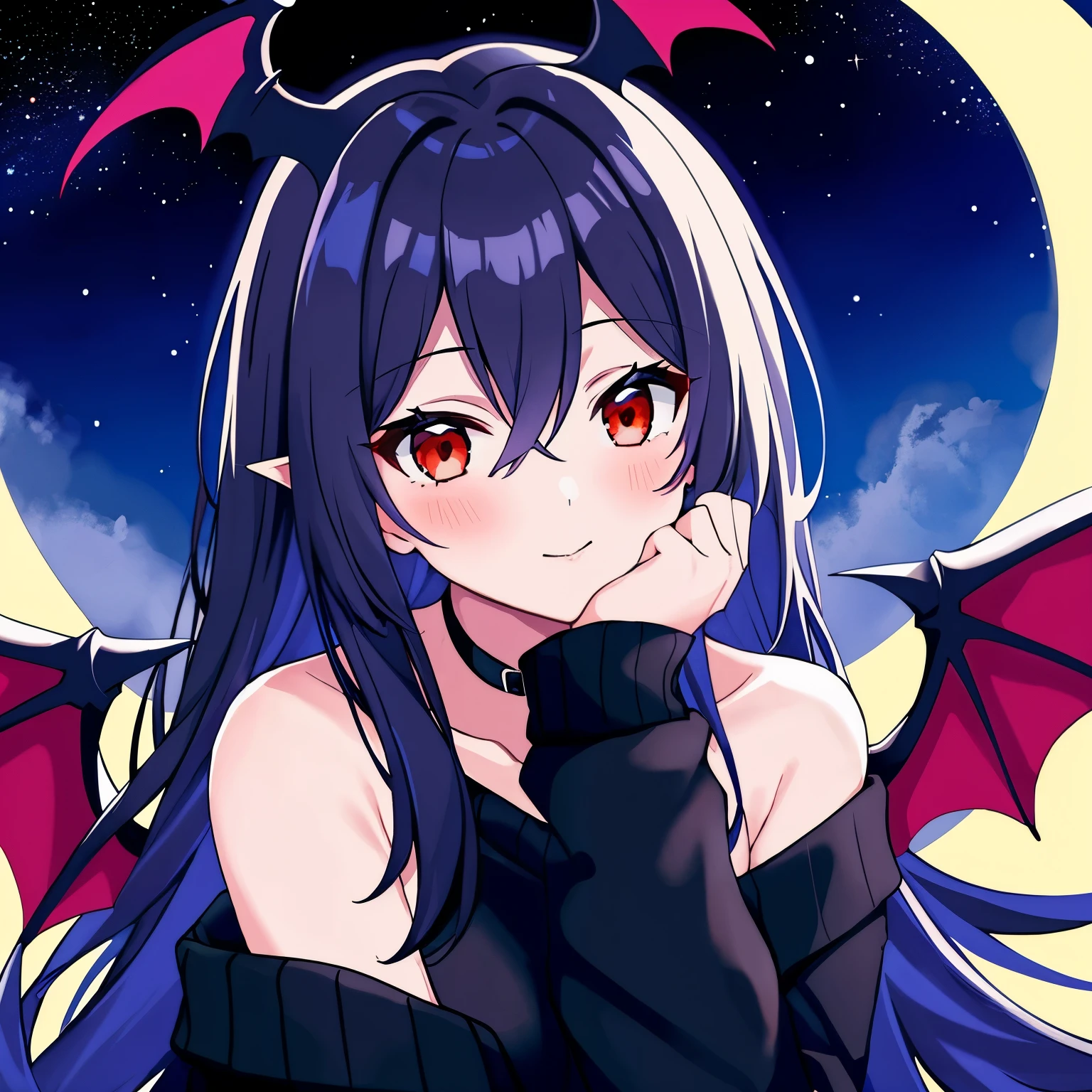1girl, off-shoulder black sweater, Masterpiece, high resolution, anime style beautiful girl, cobalt blue hair, vampire, wings, red eyes, nighttime, blue moon, galaxy background, vampire