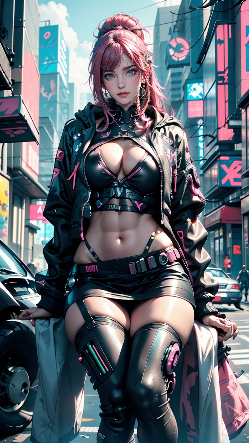 A woman in a pink bikini and a black jacket is sitting on the street, Cyberpunk art style, Cyberpunk 20. Model Girl, hyper-realistic Cyberpunk Style, Cyberpunk atmosphere, Cyberpunk Style , Surreal, Cyberpunk beautiful girl, Cyberpunk art ultrarealistic 8k, Cyberpunk Girl, Cyberpunk art, Cyberpunk Anime Girl, in Cyberpunk Style, cyberpunk judy alvarez