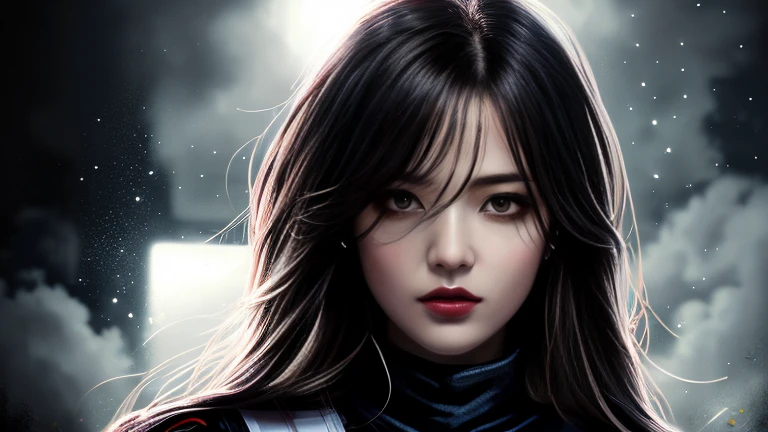 (hyper-realistic), (illustration), (high resolution), (8K), (extremely detailed), (best illustration), Yoru ( Chainsaw Man ), (beautiful detailed eyes), (best quality), (ultra-detailed), (masterpiece), (wallpaper), (detailed face), solo, upper body, focus on face, 1 girl, long black hair, Korean, thin eyeshadow, well-detailed eyes, brown eyes, small moles under the eyes, long sleeve shirt, neck bow, small breasts, pinafore dress, dynamic pose, low lighting, night, dark, clouds, dark night