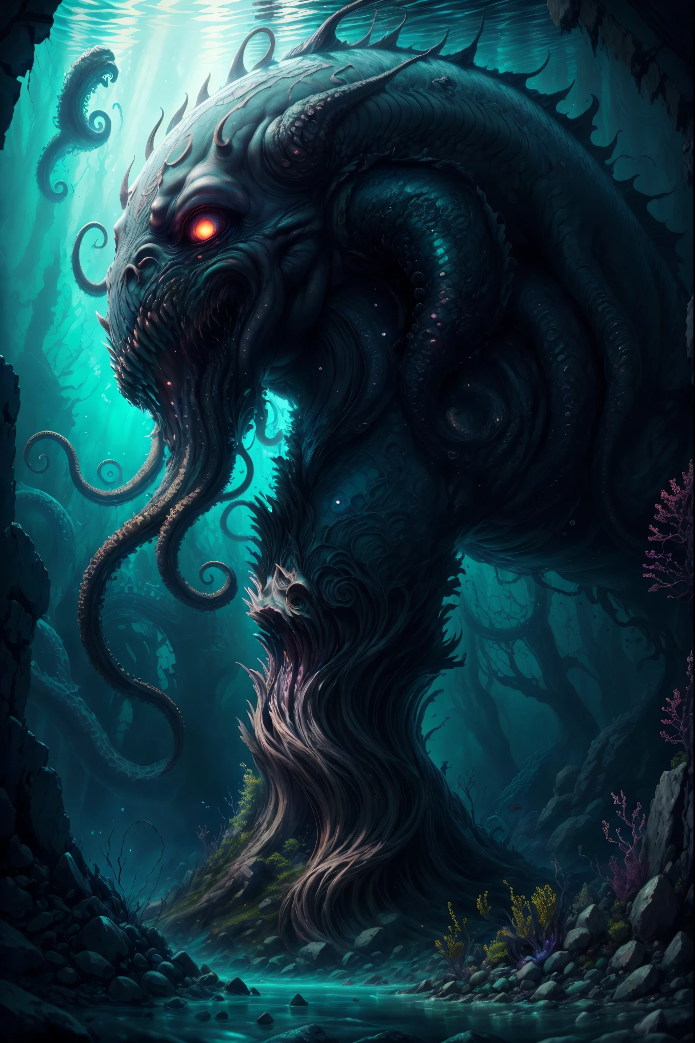 Cthulhu, mythical creature, tentacles, deep sea, darkness, mysterious, ancient, ruins, mystical symbols, mysterious glow, underwater palace,illustration,oil painting,highres,masterpiece:1.2,ultra-detailed, HDR,studio lighting,extreme detail description,professional,horror,realistic,vivid colors,deep blue tones, mysterious lighting