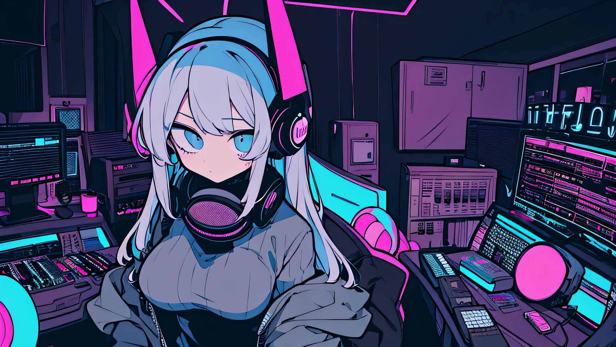 Best quality, (masterpiece:1.2), best detail face,1 girl, big breasts, 18 yo, 8k,absurdres,unity 8k wall paper,(extremely detailed:1.3), highest realistic, (retro headphones:1.1), (soft neon light:1.1), (floating hair:1.2), (psychedelic:1.2), Her room full of music equipment, Leaning back on the chair with a casual attitude, Light clothing in summer, dark grey color palette