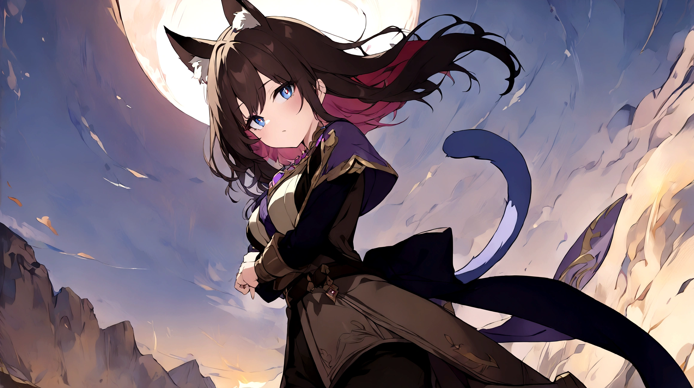 (1girl, Masterpiece, best quality) (detailed and beautiful eyes:1.6) (perfect hands, perfect anatomy) ( A young female character with long, brown hair featuring lighter streaks, styled in loose waves. She has striking (purple eyes and a confident, slightly defiant expression). She has distinctive (cat-like ears, brown with pink inner fur with tail. She wears a black and dark purple form-fitting top adorned with gold and red accents, including intricate patterns. Over this, she has a dark-purple cloak covering with gold detailing. Accessories include a fiolet gemstone necklace and a belt with gold ornaments. The character is depicted in a dynamic low-angle shot, giving a sense of power and movement. The background is abstract with a gradient from dark to light hues, adding depth and emphasizing the character. The lighting is warm and dramatic, with strong highlights and shadows enhancing the overall design. She has a brown belt with dark fiolet accents cinched around her waist and wears brown pants with armored greaves.