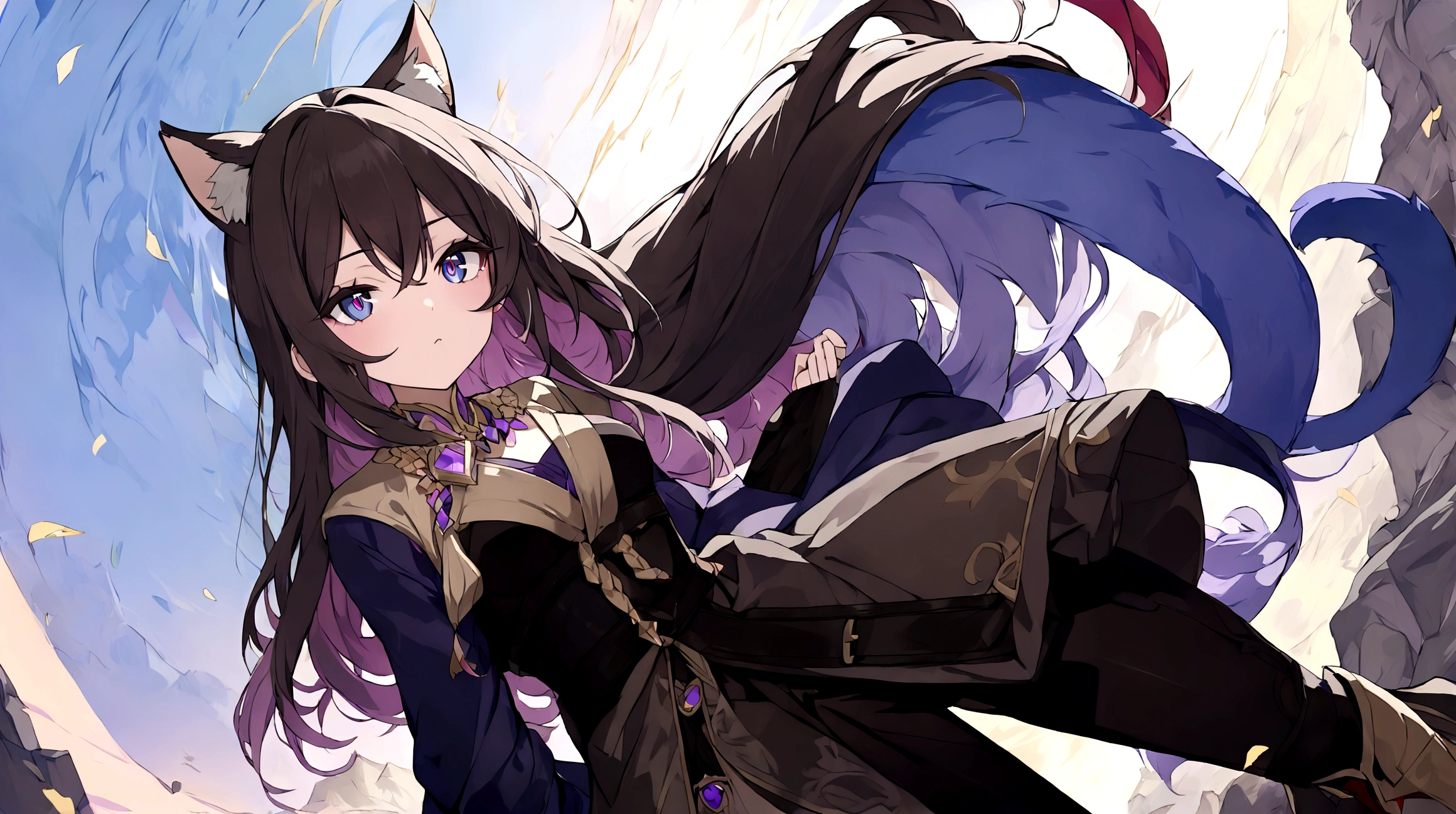 (1girl, Masterpiece, best quality) (detailed and beautiful eyes:1.6) (perfect hands, perfect anatomy) ( A young female character with long, brown hair featuring lighter streaks, styled in loose waves. She has striking (purple eyes and a confident, slightly defiant expression). She has distinctive (cat-like ears, brown with pink inner fur with tail. She wears a black and dark purple form-fitting top adorned with gold and red accents, including intricate patterns. Over this, she has a dark-purple cloak covering with gold detailing. Accessories include a fiolet gemstone necklace and a belt with gold ornaments. The character is depicted in a dynamic low-angle shot, giving a sense of power and movement. The background is abstract with a gradient from dark to light hues, adding depth and emphasizing the character. The lighting is warm and dramatic, with strong highlights and shadows enhancing the overall design. She has a brown belt with dark fiolet accents cinched around her waist and wears brown pants with armored greaves.