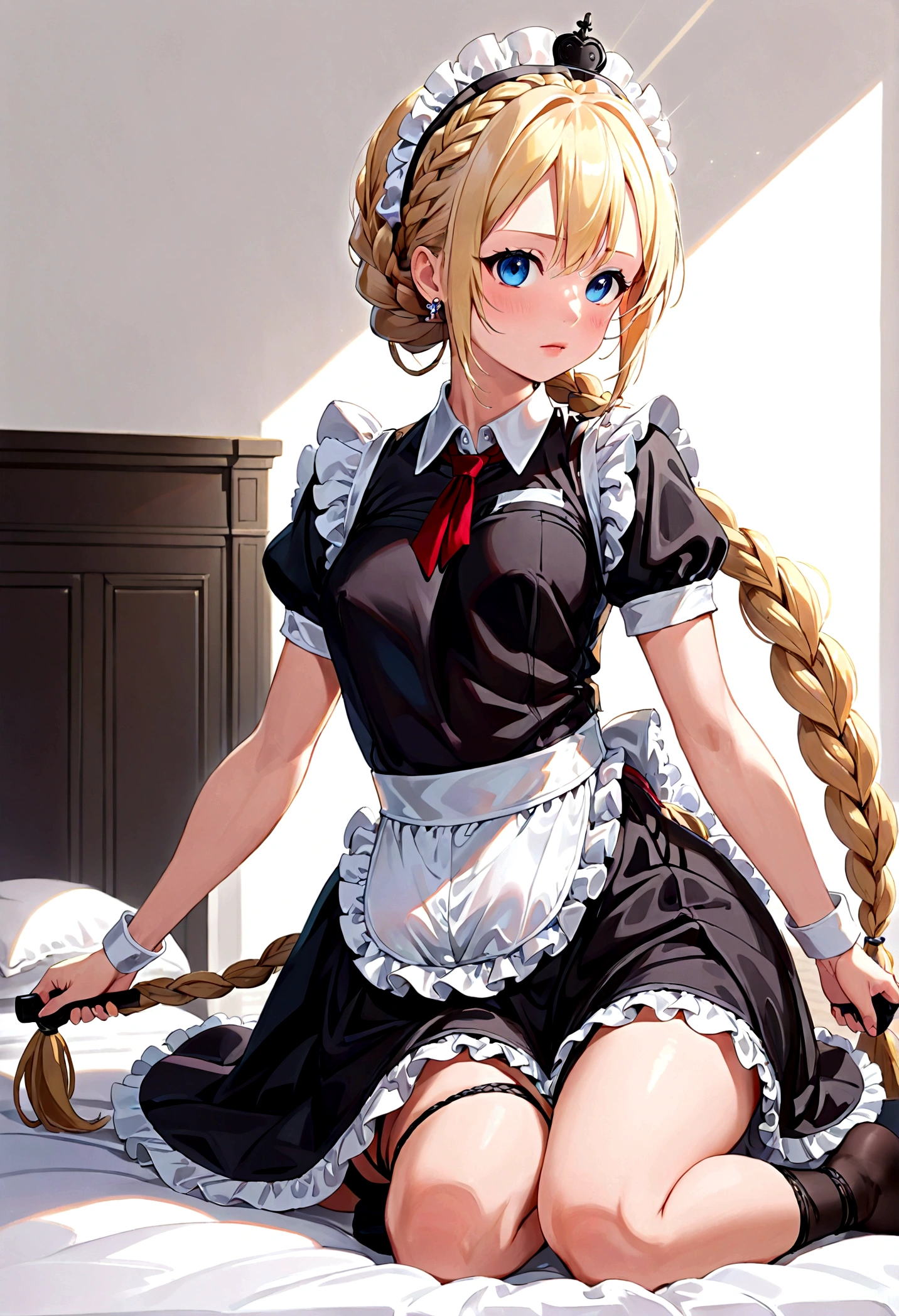 Shiny blond hair, very long hair, sophisticated haircut, ((((hair fully braided)))), ((small twisted braids)), thin and oval face, submissive,  ((((very cute maid girl)))), ((((very cute black maid dress)))), ((((cute waitress serving a blond man)))), cute and blushing 18 years old anime girl, look away because she is embarrassed and blushes, bright blue eyes, detailed face, detailed members, detailed arms, detailed hands, ((((sparkling diamond jewelry)))), tiara, ((makeup)), high heels, puffy sleeves, long gloves, long eyelashes, maid costume, maid dress, maid girl, Girl lying, tied by ropes, shackled, can no longer move, tied tightly, very hard tied up with lots of ropes, hampered by so many ropes that she can no longer move, bound hands and feet, ropes tie his whole body, tied extremely tightly and forcefully to her bed by a lot of ropes, its limbs are strongly tied together by ropes, his torso is tied up with thick cords, her chest is so tied up with ropes that it sticks out, her legs are tied tightly with thick ropes, his hands are tied behind his back with ropes, she can no longer move her feet, her hands which are tied by thick ropes, she desperately tries to free herself, likes to be tied tight with big ropes, likes to be immobilized by big ropes, lying down, his hands and feet are strongly tied to the railing of his bed, his legs are pressed together and tied with ropes, its limbs are held vigorously by imposing ropes, her hands are tied securely behind her back by ropes, her chest is compressed by strong ropes, she is pressed against her bed and restrained by large ropes (shibari, arms behind the back:1.4), (hands on the back), (masterpiece, best quality) 1.5, 1girl, solo, (sexy, beautiful woman, perfect face, perfect eyes, perfect hands), samus aran, (shibari, arms behind the back:1.4), (hands on the back), Spread the legs, s&#39; ((lie in bed by big ropes)), ((close up of the girl)), ((((lie in bed))))