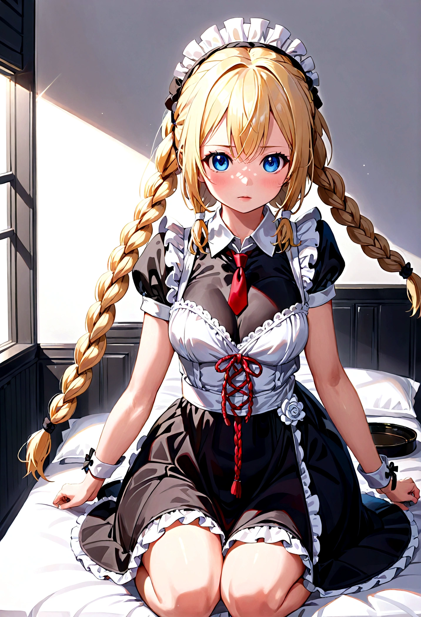 Shiny blond hair, very long hair, sophisticated haircut, ((((hair fully braided)))), ((small twisted braids)), thin and oval face, submissive,  ((((very cute maid girl)))), ((((very cute black maid dress)))), ((((cute waitress serving a blond man)))), cute and blushing 18 years old anime girl, look away because she is embarrassed and blushes, bright blue eyes, detailed face, detailed members, detailed arms, detailed hands, ((((sparkling diamond jewelry)))), tiara, ((makeup)), high heels, puffy sleeves, long gloves, long eyelashes, maid costume, maid dress, maid girl, Girl lying, tied by ropes, shackled, can no longer move, tied tightly, very hard tied up with lots of ropes, hampered by so many ropes that she can no longer move, bound hands and feet, ropes tie his whole body, tied extremely tightly and forcefully to her bed by a lot of ropes, its limbs are strongly tied together by ropes, his torso is tied up with thick cords, her chest is so tied up with ropes that it sticks out, her legs are tied tightly with thick ropes, his hands are tied behind his back with ropes, she can no longer move her feet, her hands which are tied by thick ropes, she desperately tries to free herself, likes to be tied tight with big ropes, likes to be immobilized by big ropes, lying down, his hands and feet are strongly tied to the railing of his bed, his legs are pressed together and tied with ropes, its limbs are held vigorously by imposing ropes, her hands are tied securely behind her back by ropes, her chest is compressed by strong ropes, she is pressed against her bed and restrained by large ropes (shibari, arms behind the back:1.4), (hands on the back), (masterpiece, best quality) 1.5, 1girl, solo, (sexy, beautiful woman, perfect face, perfect eyes, perfect hands), samus aran, (shibari, arms behind the back:1.4), (hands on the back), Spread the legs, s&#39; ((lie in bed by big ropes)), ((close up of the girl)), ((((lie in bed))))