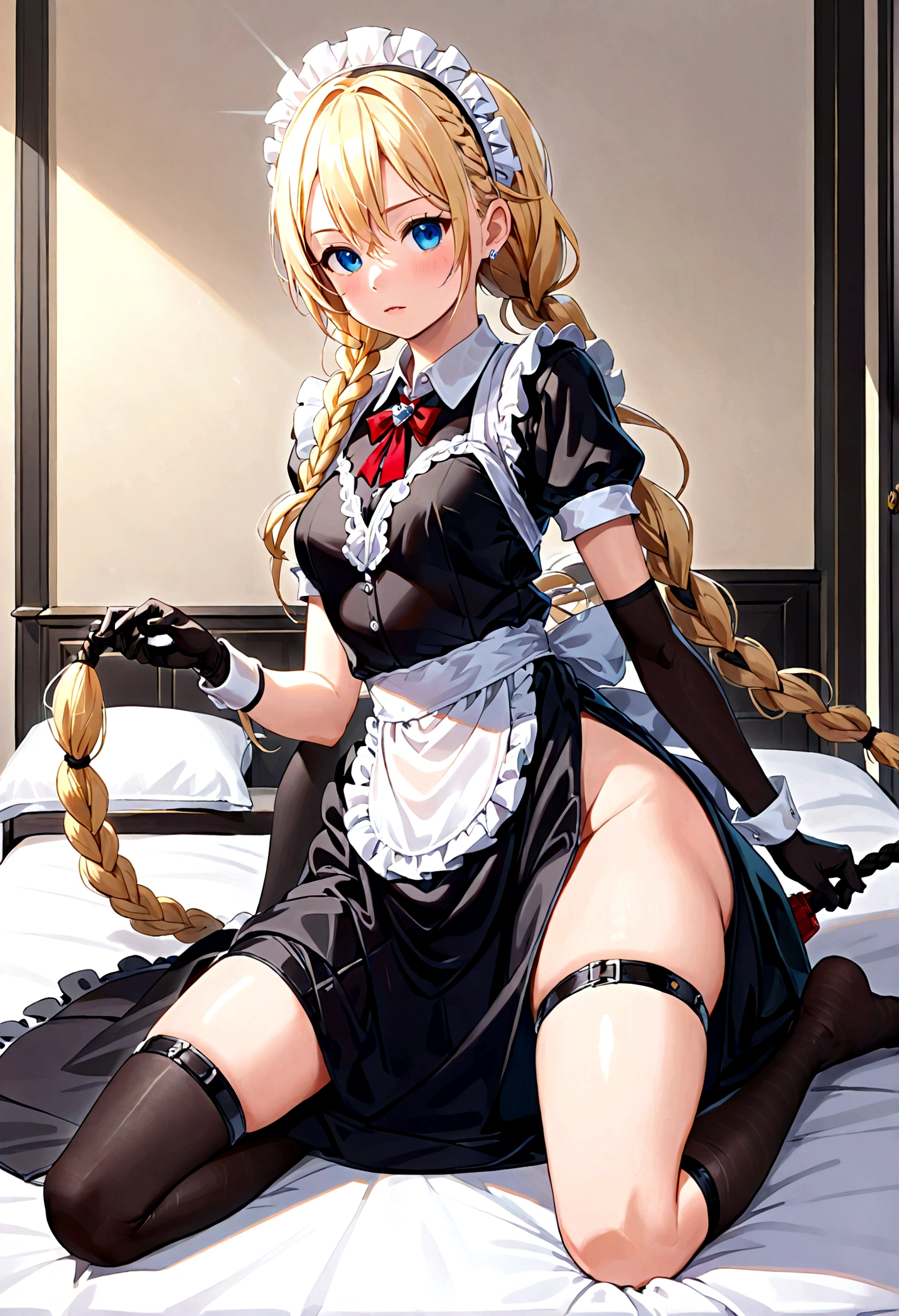 Shiny blond hair, very long hair, sophisticated haircut, ((((hair fully braided)))), ((small twisted braids)), thin and oval face, submissive, ((((very cute maid girl)))), ((((very cute black maid dress)))), ((((cute waitress serving a blond man)))), cute and blushing 18 years old anime girl, look away because she is embarrassed and blushes, bright blue eyes, detailed face, detailed members, detailed arms, detailed hands, ((((sparkling diamond jewelry)))), tiara, ((makeup)), high heels, puffy sleeves, long gloves, long eyelashes, maid costume, maid dress, maid girl, Girl lying, tied by ropes, shackled, can no longer move, tied tightly, very hard tied up with lots of ropes, hampered by so many ropes that she can no longer move, bound hands and feet, ropes tie his whole body, tied extremely tightly and forcefully to her bed by a lot of ropes, its limbs are strongly tied together by ropes, his torso is tied up with thick cords, her chest is so tied up with ropes that it sticks out, her legs are tied tightly with thick ropes, his hands are tied behind his back with ropes, she can no longer move her feet, her hands which are tied by thick ropes, she desperately tries to free herself, likes to be tied tight with big ropes, likes to be immobilized by big ropes, lying down, his hands and feet are strongly tied to the railing of his bed, his legs are pressed together and tied with ropes, its limbs are held vigorously by imposing ropes, her hands are tied securely behind her back by ropes, her chest is compressed by strong ropes, she is pressed against her bed and restrained by large ropes (shibari, arms behind the back:1.4), (hands on the back), (masterpiece, best quality) 1.5, 1girl, solo, (sexy, beautiful woman, perfect face, perfect eyes, perfect hands), samus aran, (shibari, arms behind the back:1.4), (hands on the back), Spread the legs, s' ((lie in bed by big ropes)), ((close up of the girl)), ((((lie in bed))))