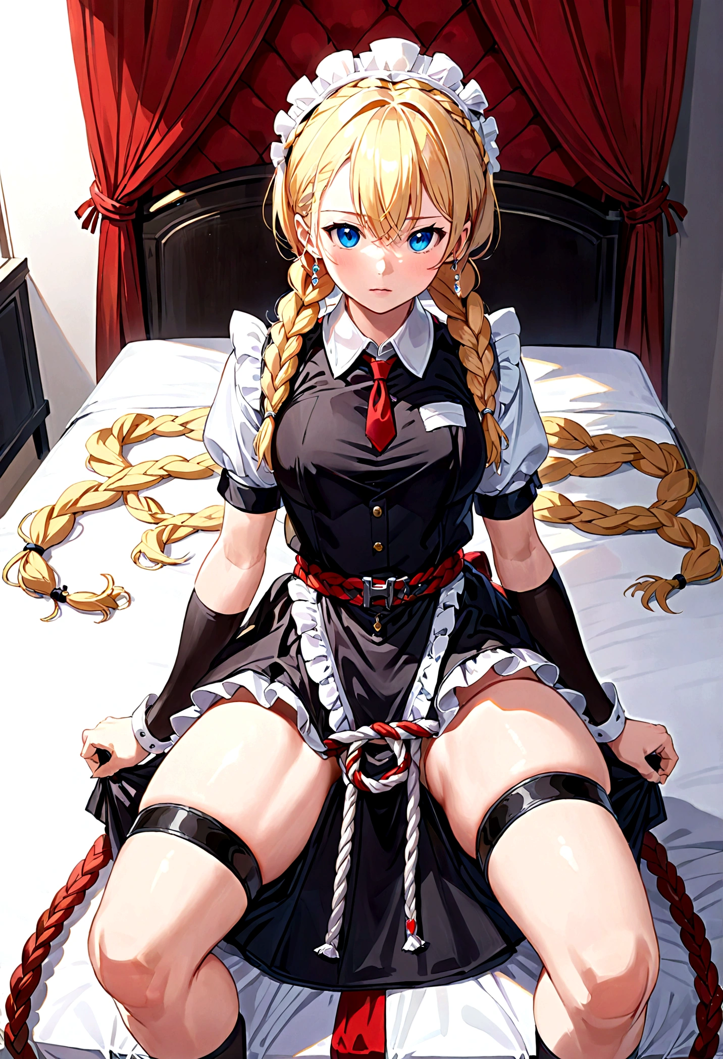 Shiny blond hair, very long hair, sophisticated haircut, ((((hair fully braided)))), ((small twisted braids)), thin and oval face, submissive, (((gagged))), ((((very cute maid girl)))), ((((very cute black maid dress)))), ((((cute waitress serving a blond man)))), cute and blushing 18 years old anime girl, look away because she is embarrassed and blushes, bright blue eyes, detailed face, detailed members, detailed arms, detailed hands, ((((sparkling diamond jewelry)))), tiara, ((makeup)), high heels, puffy sleeves, long gloves, long eyelashes, maid costume, maid dress, maid girl, Girl lying, tied by ropes, shackled, can no longer move, tied tightly, very hard tied up with lots of ropes, hampered by so many ropes that she can no longer move, bound hands and feet, ropes tie his whole body, tied extremely tightly and forcefully to her bed by a lot of ropes, its limbs are strongly tied together by ropes, his torso is tied up with thick cords, her chest is so tied up with ropes that it sticks out, her legs are tied tightly with thick ropes, his hands are tied behind his back with ropes, she can no longer move her feet, her hands which are tied by thick ropes, she desperately tries to free herself, likes to be tied tight with big ropes, likes to be immobilized by big ropes, lying down, his hands and feet are strongly tied to the railing of his bed, his legs are pressed together and tied with ropes, its limbs are held vigorously by imposing ropes, her hands are tied securely behind her back by ropes, her chest is compressed by strong ropes, she is pressed against her bed and restrained by large ropes (shibari, arms behind the back:1.4), (hands on the back), (masterpiece, best quality) 1.5, 1girl, solo, (sexy, beautiful woman, perfect face, perfect eyes, perfect hands), samus aran, (shibari, arms behind the back:1.4), (hands on the back), Spread the legs, s&#39; ((lie in bed by big ropes)), ((close up of the girl)), ((((lie in bed))))