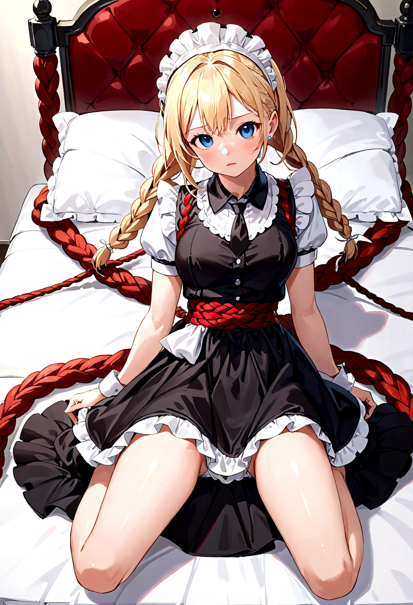 Shiny blond hair, very long hair, sophisticated haircut, ((((hair fully braided)))), ((small twisted braids)), thin and oval face, submissive, ((((very cute maid girl)))), ((((very cute black maid dress)))), ((((cute waitress serving a blond man)))), cute and blushing 18 years old anime girl, look away because she is embarrassed and blushes, bright blue eyes, detailed face, detailed members, detailed arms, detailed hands, ((((sparkling diamond jewelry)))), tiara, ((makeup)), high heels, puffy sleeves, long gloves, long eyelashes, maid costume, maid dress, maid girl, Girl lying, tied by ropes, shackled, can no longer move, tied tightly, very hard tied up with lots of ropes, hampered by so many ropes that she can no longer move, bound hands and feet, ropes tie his whole body, tied extremely tightly and forcefully to her bed by a lot of ropes, its limbs are strongly tied together by ropes, his torso is tied up with thick cords, her chest is so tied up with ropes that it sticks out, her legs are tied tightly with thick ropes, his hands are tied behind his back with ropes, she can no longer move her feet, her hands which are tied by thick ropes, she desperately tries to free herself, likes to be tied tight with big ropes, likes to be immobilized by big ropes, lying down, his hands and feet are strongly tied to the railing of his bed, his legs are pressed together and tied with ropes, its limbs are held vigorously by imposing ropes, her hands are tied securely behind her back by ropes, her chest is compressed by strong ropes, she is pressed against her bed and restrained by large ropes (shibari, arms behind the back:1.4), (hands on the back), (masterpiece, best quality) 1.5, 1girl, solo, (sexy, beautiful woman, perfect face, perfect eyes, perfect hands), samus aran, (shibari, arms behind the back:1.4), (hands on the back), Spread the legs, s&#39; ((lie in bed by big ropes)), ((close up of the girl)), ((((lie in bed))))