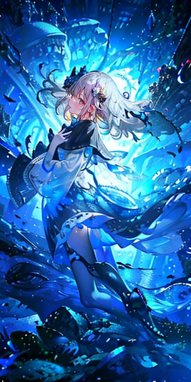 (muste piece), (best quality), very detailed, 1 girl, Solo Full Body Shot, perfect face, beautiful girl, very detailed face,(long gray hair:1.5),(blue eyes:1.4),(in water:1.4),(float:1.3),sink,school of fish,Light,jellyfish,seaweed,Red fish,Yellow fish,deep sea,fantasy