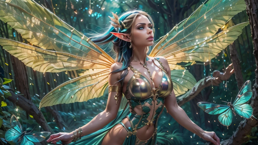 Beautiful faerie woman, elf ears, flying, hovering, floating, centered holographic dragonfly wings, balanced wings, glowing blue eyes, detailed realistic eyes, detailed proportional hand, manicured hands, four fingers on each hand, one thumb on each hand, detailed fingers, proportional fingers, proportional legs, proportional arms, proportional body, firm breast, silk tutu, magic glitter, oak tree forest, frank Frazzetta painting style, (Best Quality:1.4), (Ultra-detailed), (extremely detailed CG unified 8k wallpaper), Highly detailed, RAW Photos, Professional Photography, plein air, Illumination, (Super fancy photos:1.4), (Dazzling light), Radiant Photography, depth of fields,