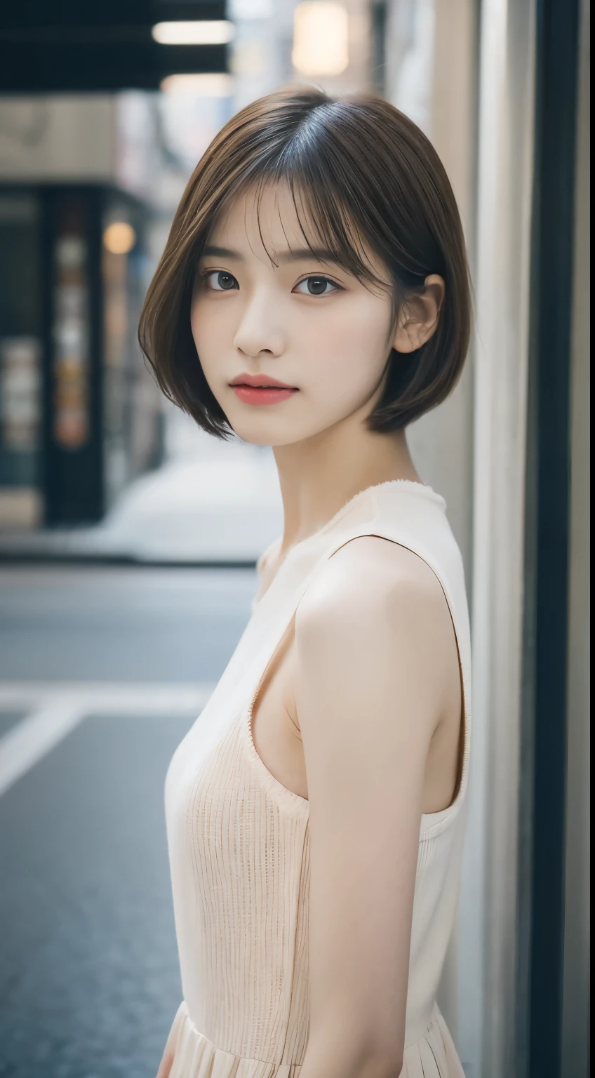 RAW Photos, (Polaroid photo, A photo that looks like it was taken with a Polaroid camera:1.1),
Strong fluorescent lights, Cowboy Shot, Front view, Her calm expression and gentle breathing create a calming atmosphere..,, Natural skin texture, Hyperrealism, High resolution, Super detailed, RAW Photos, photoRealistic, highest quality, High resolution, Realistic, 8k, Caustics, Dynamic Light, Beautiful and delicate lips, Delicate fingers, Detailed pupil, Real human skin,(Platinum Short Hair:0.8),Street Snap,