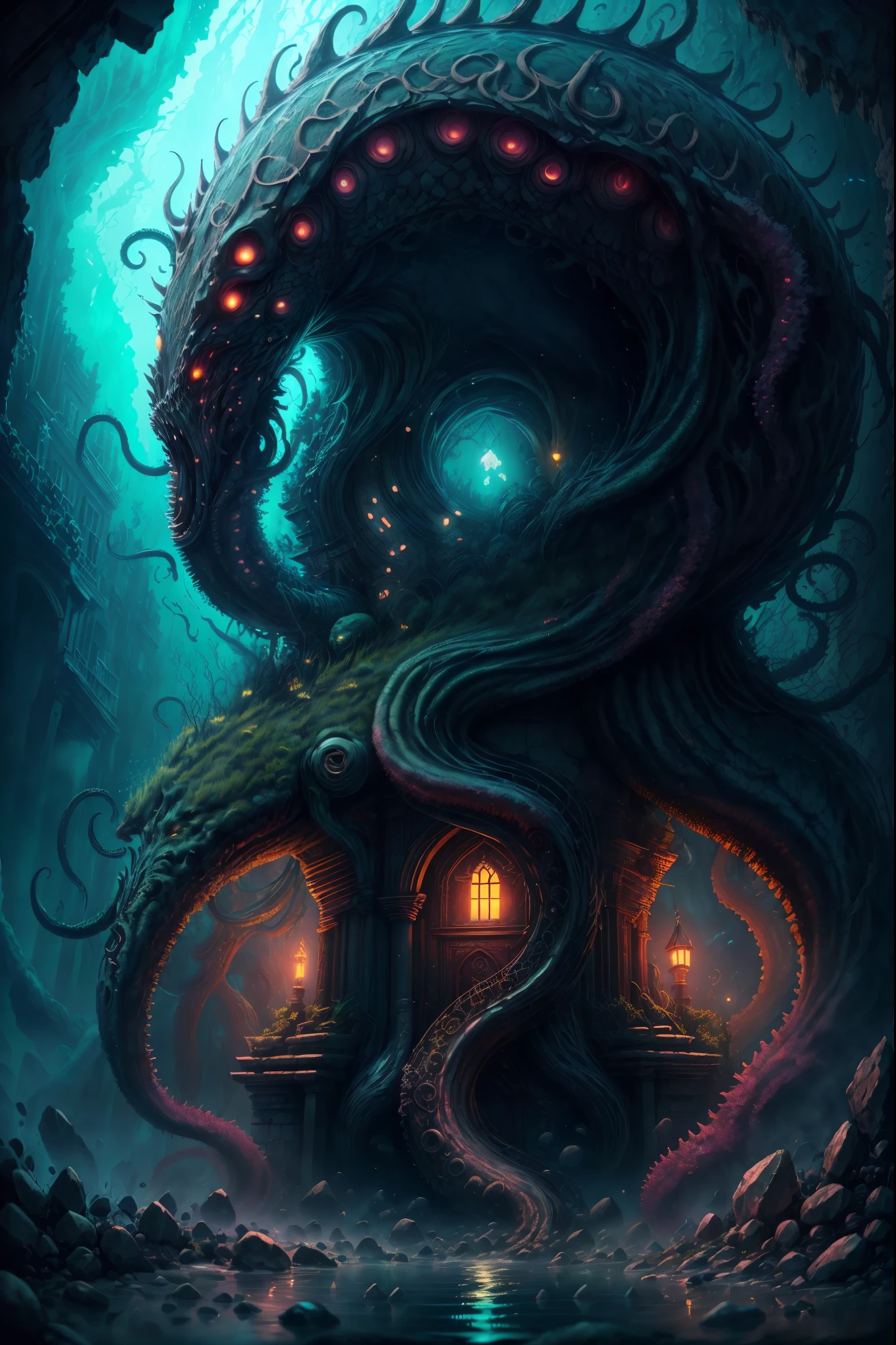 Cthulhu, mythical creature, tentacles, deep sea, darkness, mysterious, ancient, ruins, mystical symbols, mysterious glow, underwater palace,illustration,oil painting,highres,masterpiece:1.2,ultra-detailed, HDR,studio lighting,extreme detail description,professional,horror,realistic,vivid colors,deep blue tones, mysterious lighting