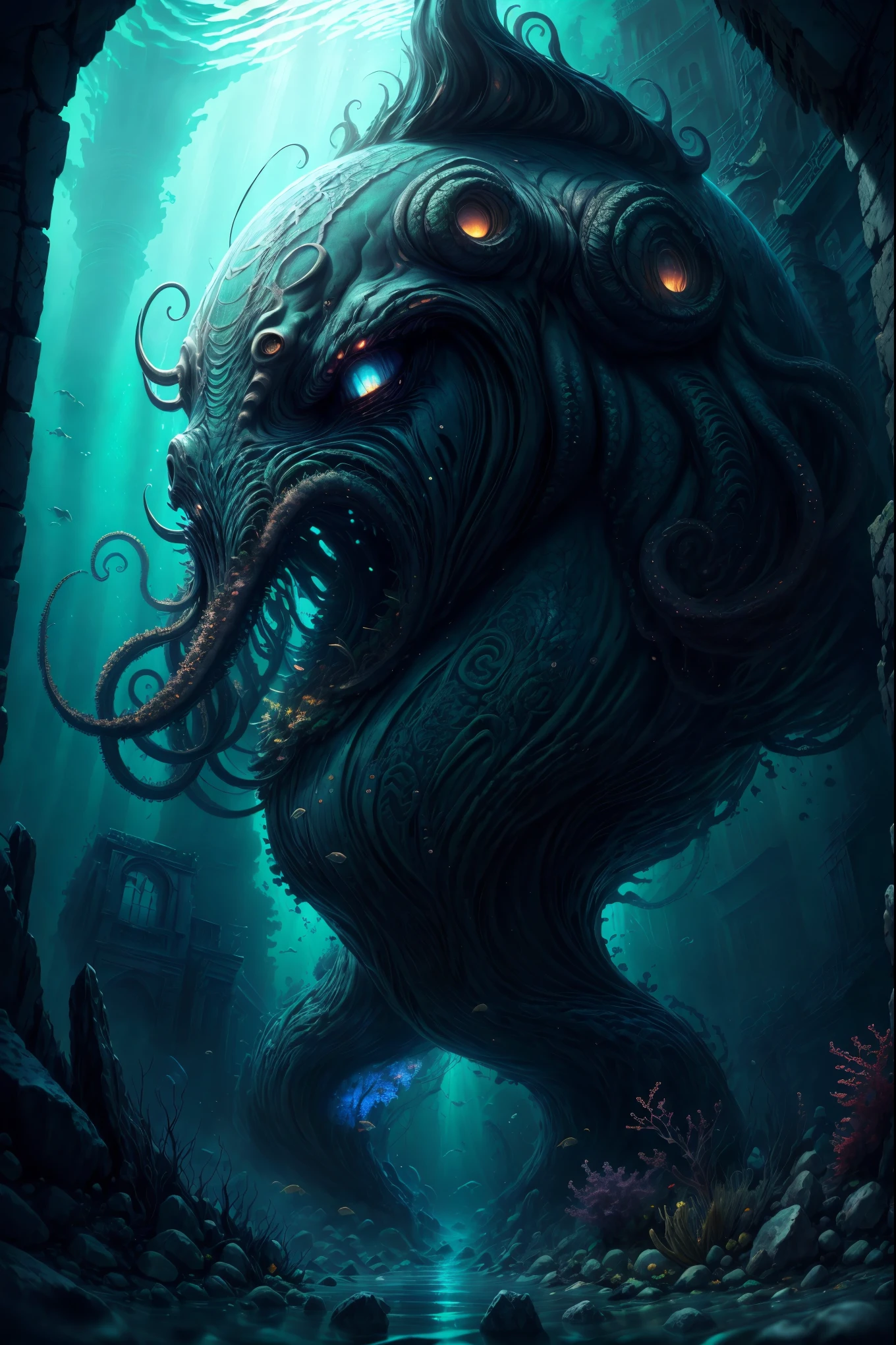 Cthulhu, mythical creature, tentacles, deep sea, darkness, mysterious, ancient, ruins, mystical symbols, mysterious glow, underwater palace,illustration,oil painting,highres,masterpiece:1.2,ultra-detailed, HDR,studio lighting,extreme detail description,professional,horror,realistic,vivid colors,deep blue tones, mysterious lighting