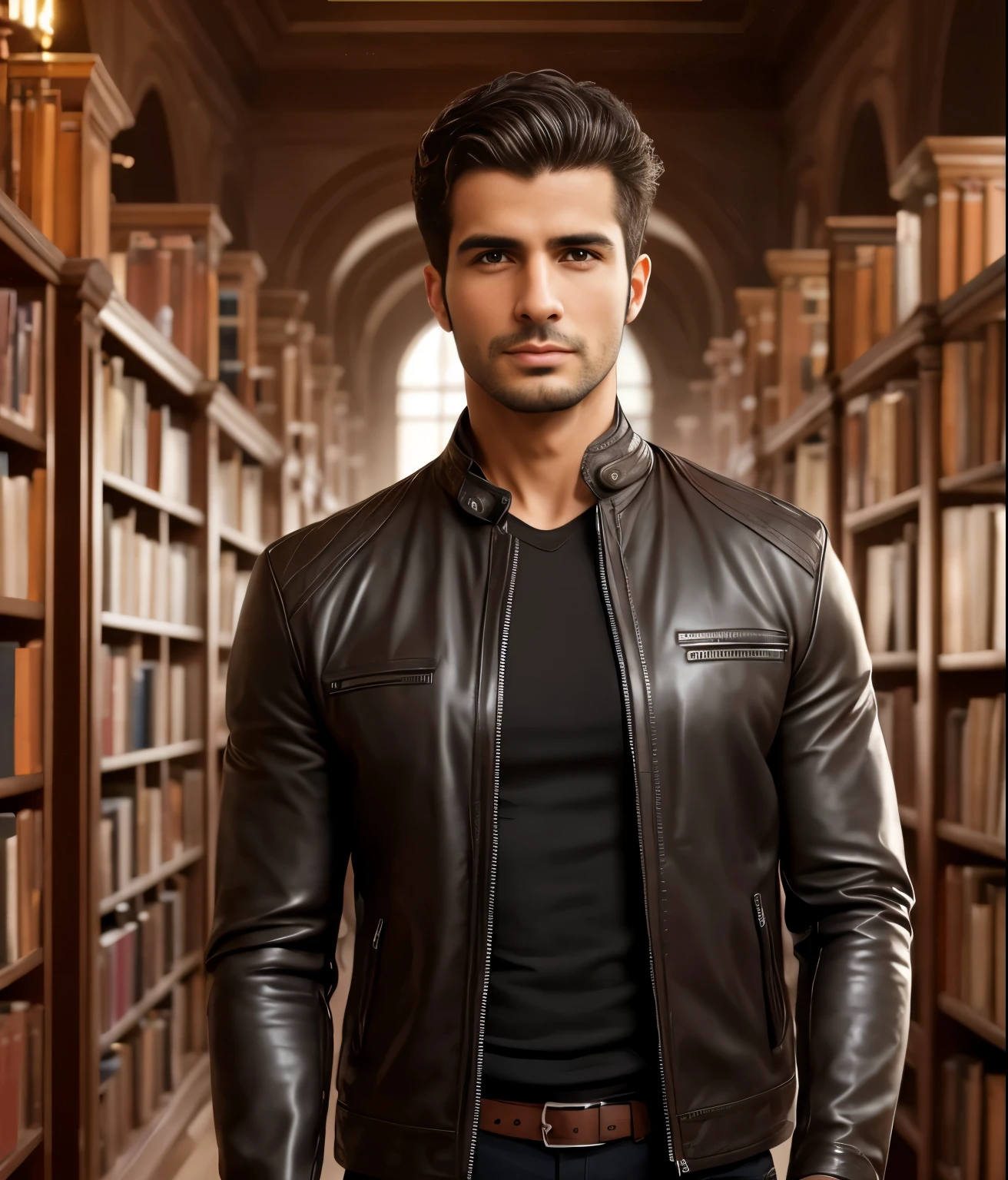 The man is Syrian. One character. Dressed in a leather jacket and T-shirt. Muslim man. Syrian. Brunette with short hair, In a shirt. Muslim. Beautiful realistic photography, Photographer, man 40 years old, photorealist, a tall man. Brunette hair short, dark hair, sparkle in the eyes, With clean skin, detailing, Correct hand anatomy; Beautiful face, clean skin, tanning on the skin, In the background you can see the magical library, romance novel cover, romantic book, portrait