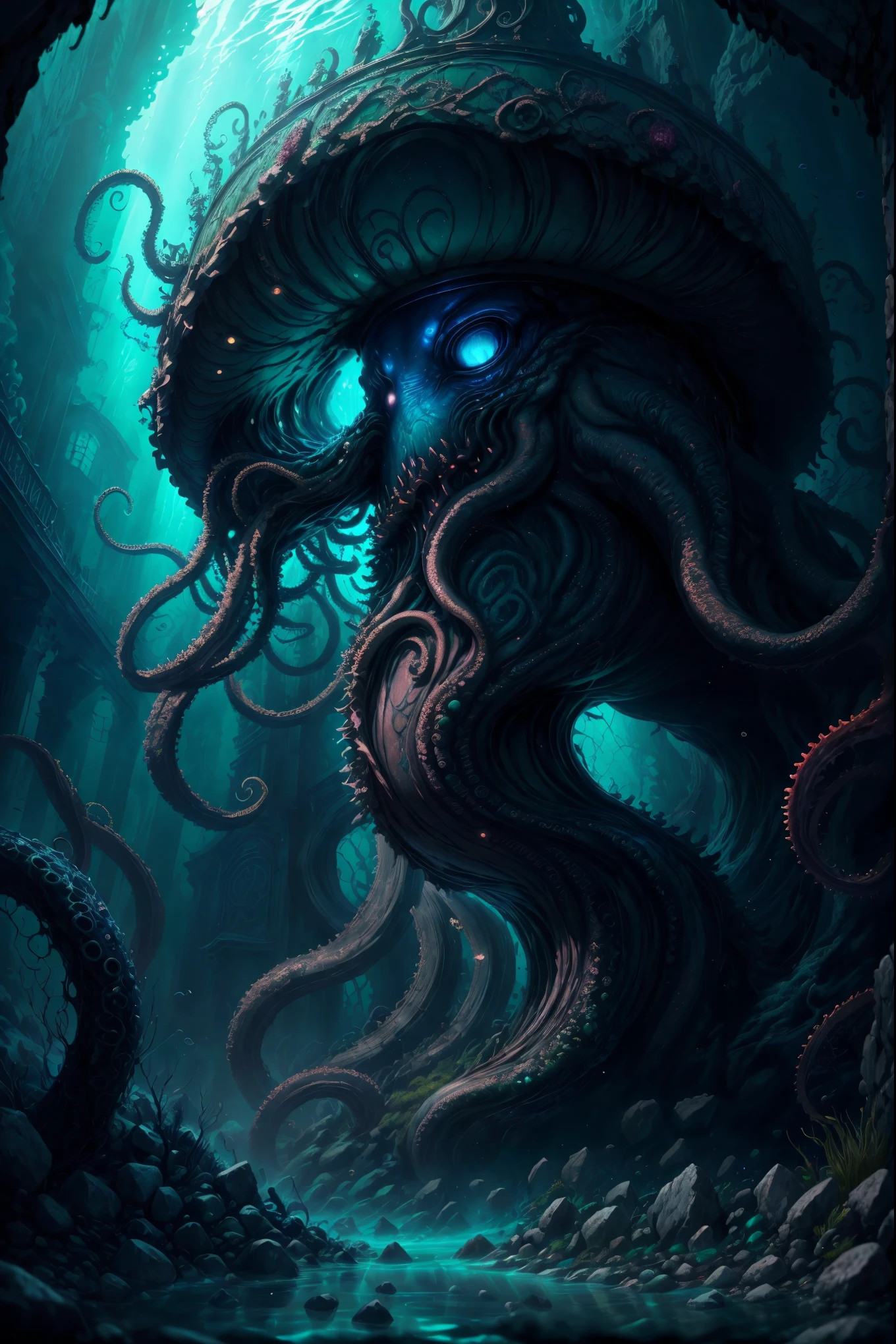 Cthulhu, mythical creature, tentacles, deep sea, darkness, mysterious, ancient, ruins, mystical symbols, mysterious glow, underwater palace,illustration,oil painting,highres,masterpiece:1.2,ultra-detailed, HDR,studio lighting,extreme detail description,professional,horror,realistic,vivid colors,deep blue tones, mysterious lighting