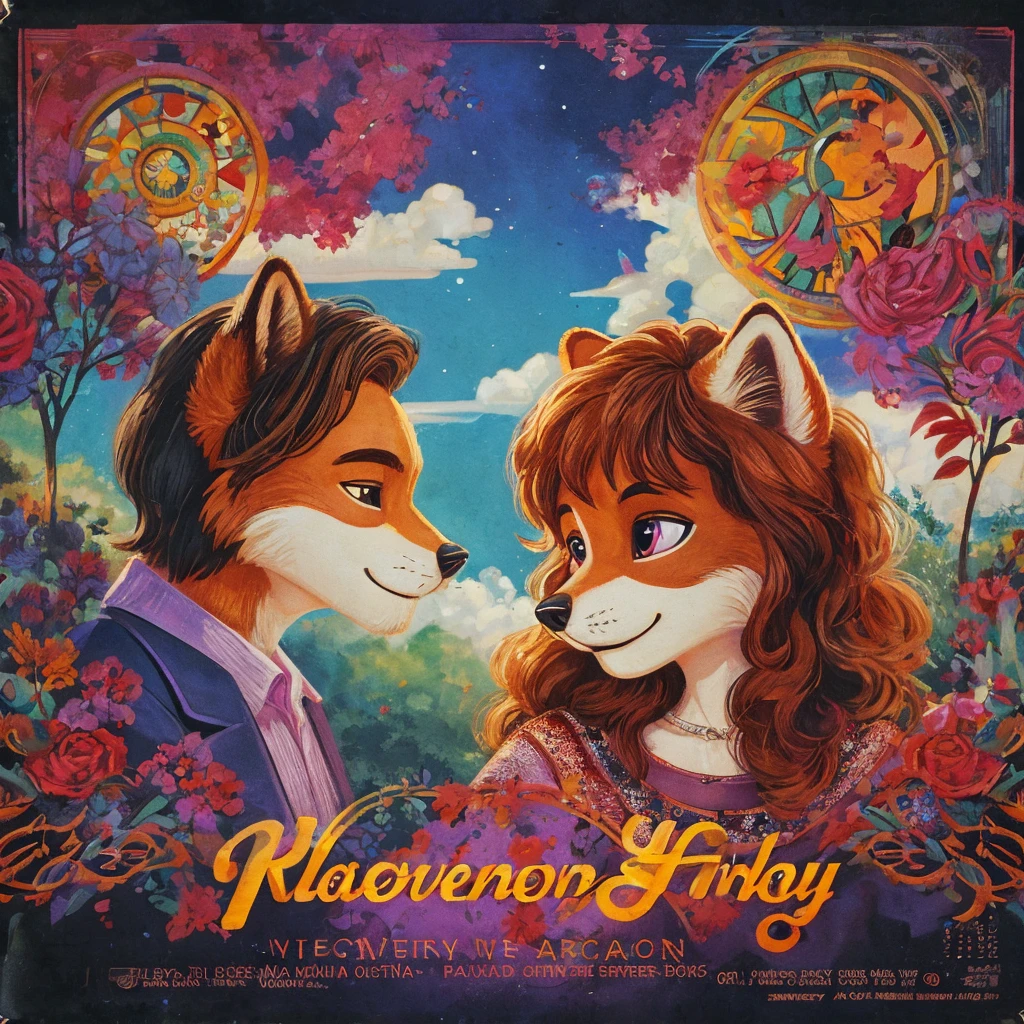 70's vinyl sleeve art work style , Hallucination, daydream , bokeh , Carpenters , Karen racoon dog and Richard fox Siblings , siblings love , top of the world