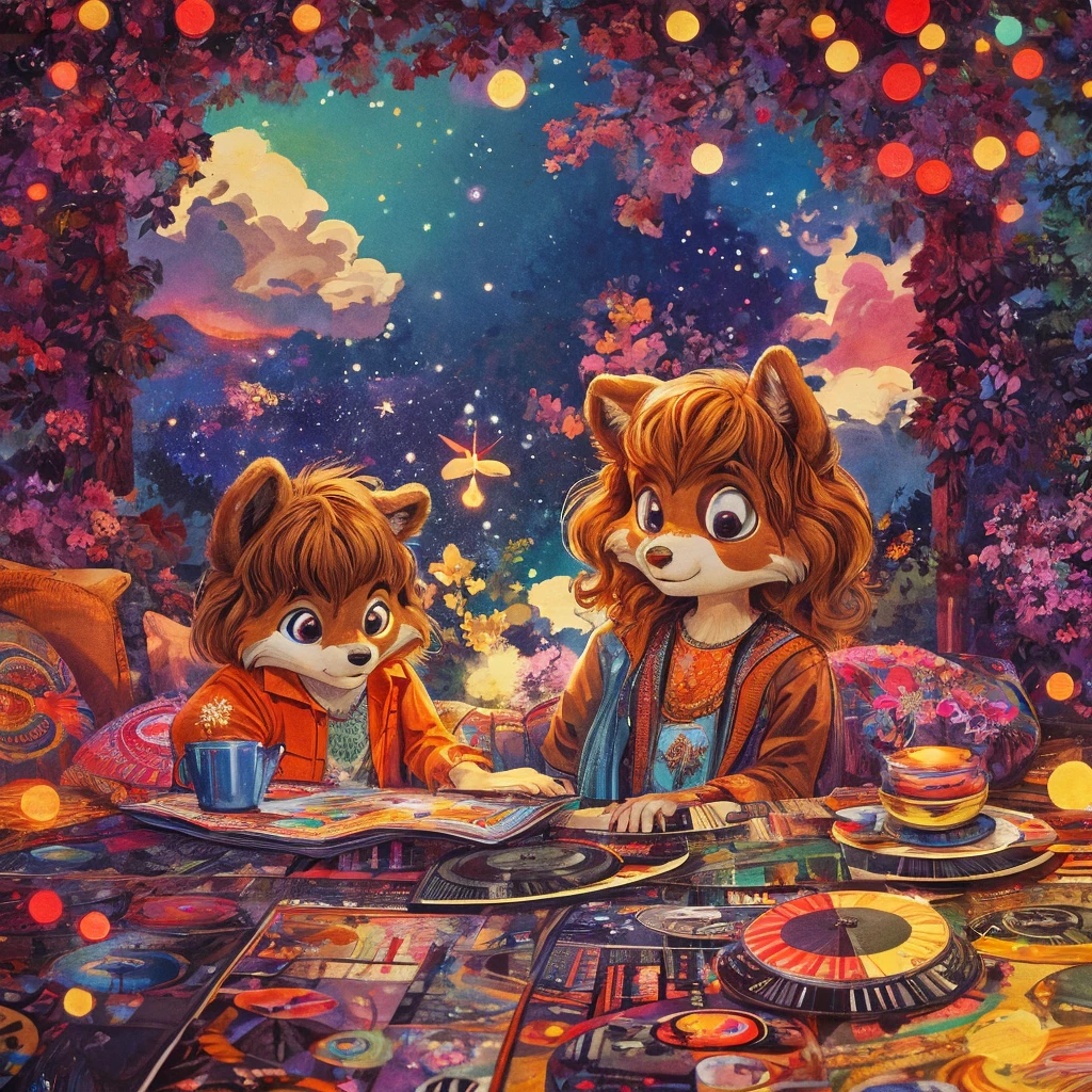 70's vinyl sleeve art work style , Hallucination, daydream , bokeh , Carpenters , Karen racoon dog and Richard fox Siblings , siblings love , top of the world