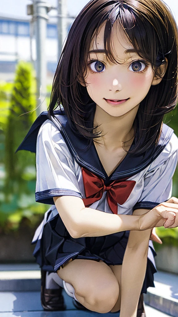 (masterpiece:1.2, highest quality), (Realistic, photoRealistic:1.4), Beautiful illustrations, (Natural Side Lighting, Cinema Lighting), Browsing Caution, 
View Viewer, Panty shot, Front view:0.6, 1 girl, Japanese, high school girl, Perfect Face, Cute and symmetrical face, Shiny skin, 
(Mid-length hair:1.4, Twin Blade:1.2, Black Hair), Hair between the eyes:1.4, Big eyes, Emerald green eyes, Droopy eyes, Long Eyelashes, (Big Breasts:0.6), 
Beautiful Hair, Beautiful Face, Beautiful fine details, Beautiful clavicle, Beautiful body, Beautiful breasts, Beautiful thighs, Beautiful feet, 
((Symmetrical clothing, Detailed cloth texture, Cute short-sleeved sailor uniform, Pleated skirt, Red bow tie)), Black socks, 
(Beautiful views), morning, School rooftop, squat, (Cute smile, Upward glance), 