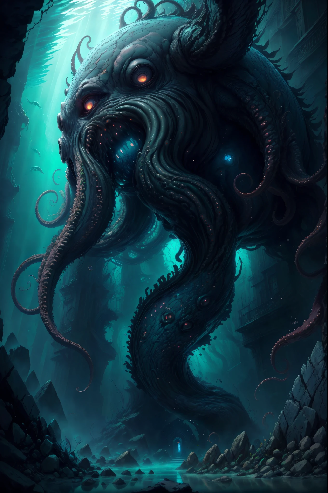 Cthulhu, mythical creature, tentacles, deep sea, darkness, mysterious, ancient, ruins, mystical symbols, mysterious glow, underwater palace,illustration,oil painting,highres,masterpiece:1.2,ultra-detailed, HDR,studio lighting,extreme detail description,professional,horror,realistic,vivid colors,deep blue tones, mysterious lighting