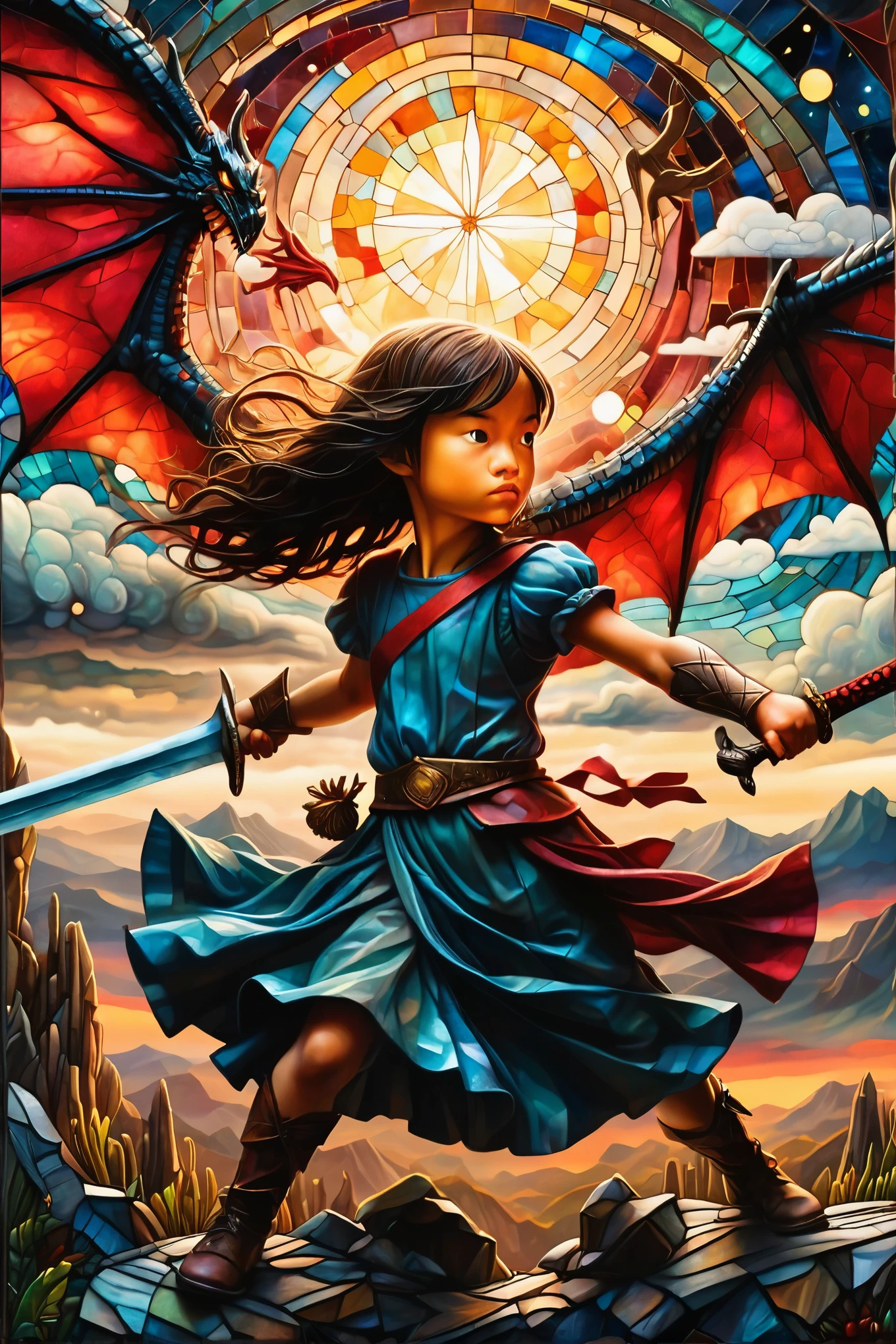 Fine art, Oil, highest quality, A dark tale, Fantasyland、 (Peepland:1.2)、Midsummer sky, Beautiful girl warrior fighting with a sword against a red dragon、and Mumford, Andy Kehoe, 2D, flat, cute, Adorable, Vintage Art, Art on cracked paper, patchwork, Stained glass, fairy tale, Detailed illustrations from a picture book, Academy Award Winner, Very detailed, Finer details, Beautiful details, Mysterious, Luminism, Vibrant colors, Complex background,