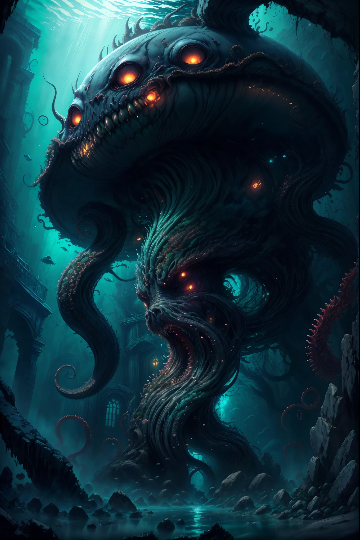 Cthulhu, mythical creature, tentacles, deep sea, darkness, mysterious, ancient, ruins, mystical symbols, mysterious glow, underwater palace,illustration,oil painting,highres,masterpiece:1.2,ultra-detailed, HDR,studio lighting,extreme detail description,professional,horror,realistic,vivid colors,deep blue tones, mysterious lighting