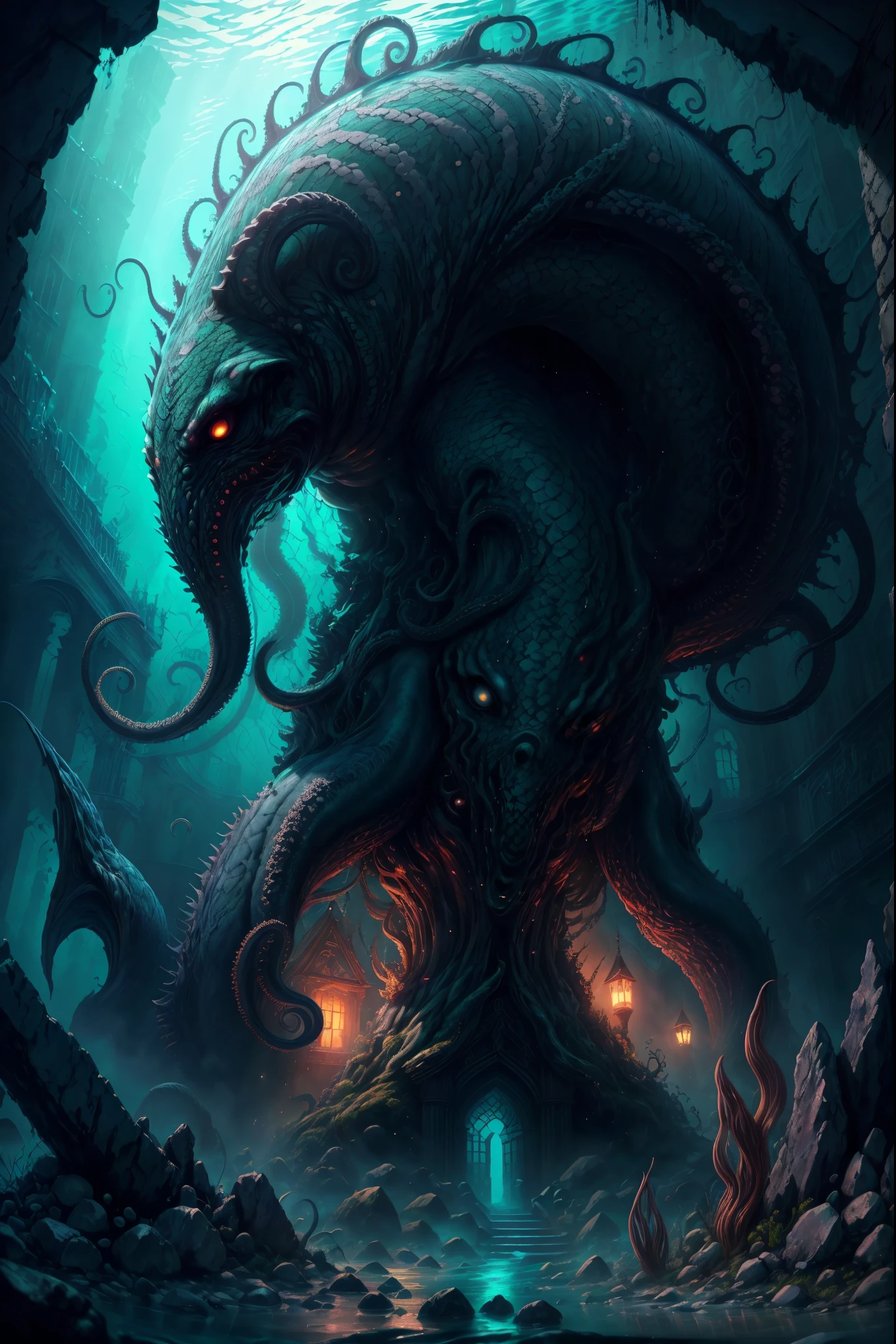 Cthulhu, mythical creature, tentacles, deep sea, darkness, mysterious, ancient, ruins, mystical symbols, mysterious glow, underwater palace,illustration,oil painting,highres,masterpiece:1.2,ultra-detailed, HDR,studio lighting,extreme detail description,professional,horror,realistic,vivid colors,deep blue tones, mysterious lighting