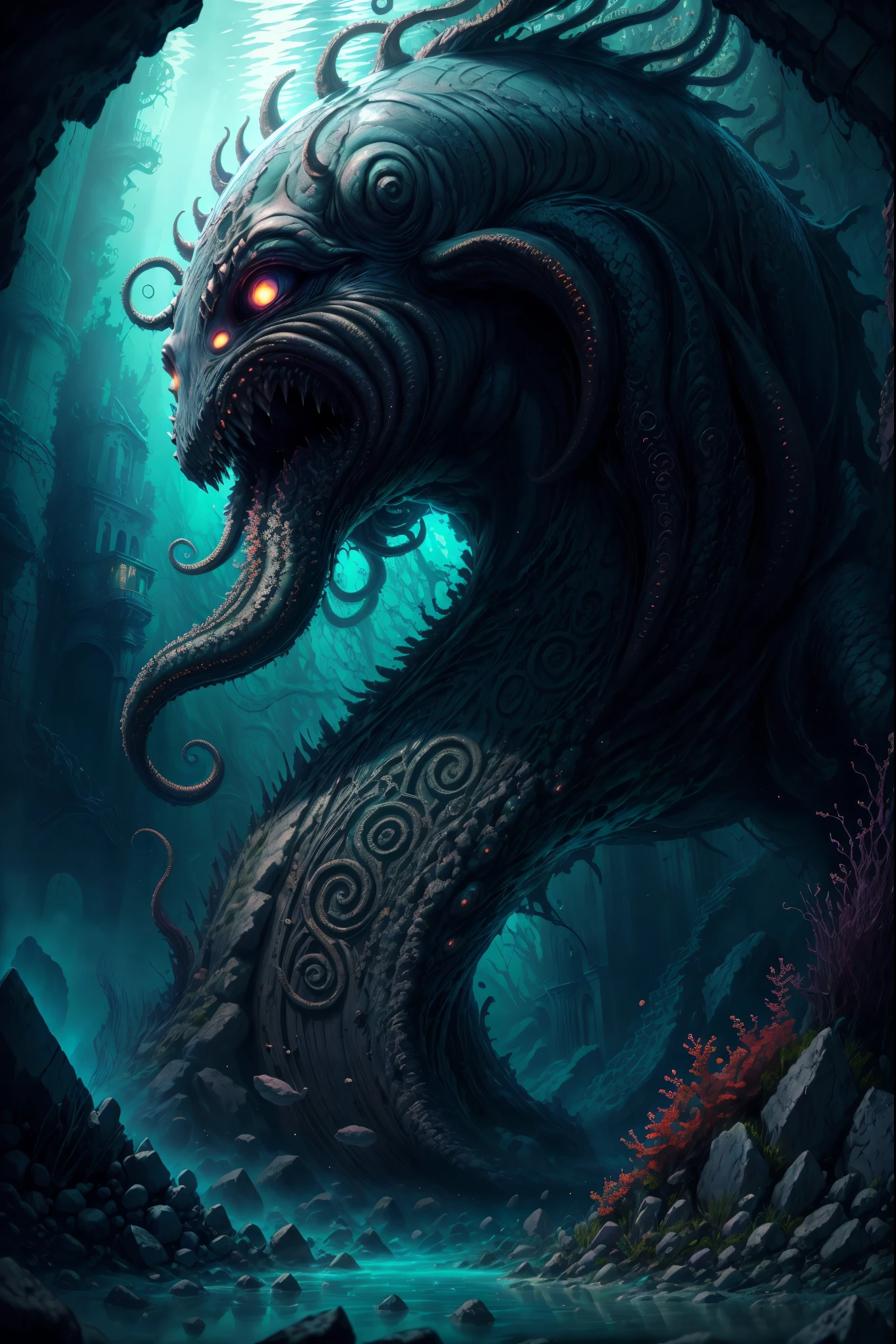 Cthulhu, mythical creature, tentacles, deep sea, darkness, mysterious, ancient, ruins, mystical symbols, mysterious glow, underwater palace,illustration,oil painting,highres,masterpiece:1.2,ultra-detailed, HDR,studio lighting,extreme detail description,professional,horror,realistic,vivid colors,deep blue tones, mysterious lighting