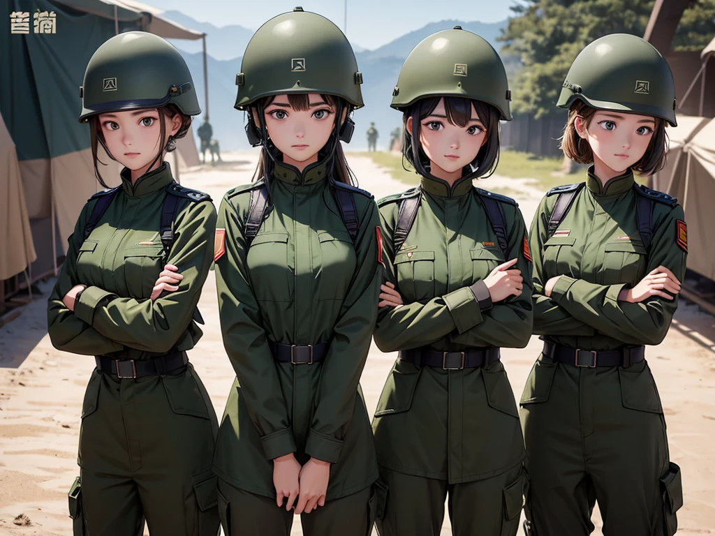Four female soldiers wearing helmets stand at attention,All wearing dark green M·51 coats、The same posture、Military Pants、Winter military camp,Write details、masterpiece、best quality、Highly detailed CG、8K picture quality