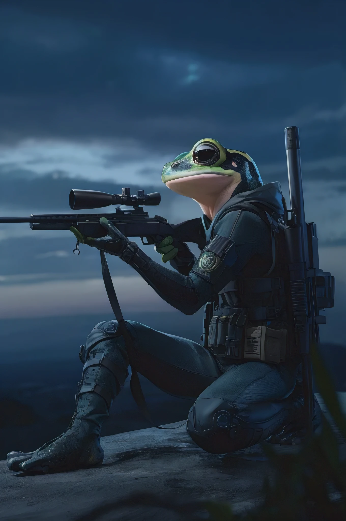 A stunningly detailed and photorealistic image of a beautiful, busty woman in a mercenary techwear outfit, acting as a sniper. She is seated in a strategic position within the ruins of a highrise building, cleverly concealed from view. Her semi-futuristic modern sniper rifle is equipped with state-of-the-art technology, and she is intently looking through the scope to acquire her target below. The overall atmosphere of the image is a blend of urban decay and high-tech sophistication, with a touch of anime-inspired aesthetics., anime