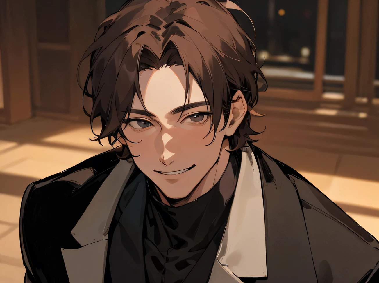 masterpiece,Face close-up, (40 years old),Male 1,Adal,Brown Hair,all back,Kakiage,Black Suit,Black turtleneck,No ribbon,Horny,smile,An inappropriate smile,Background mansion room,night,