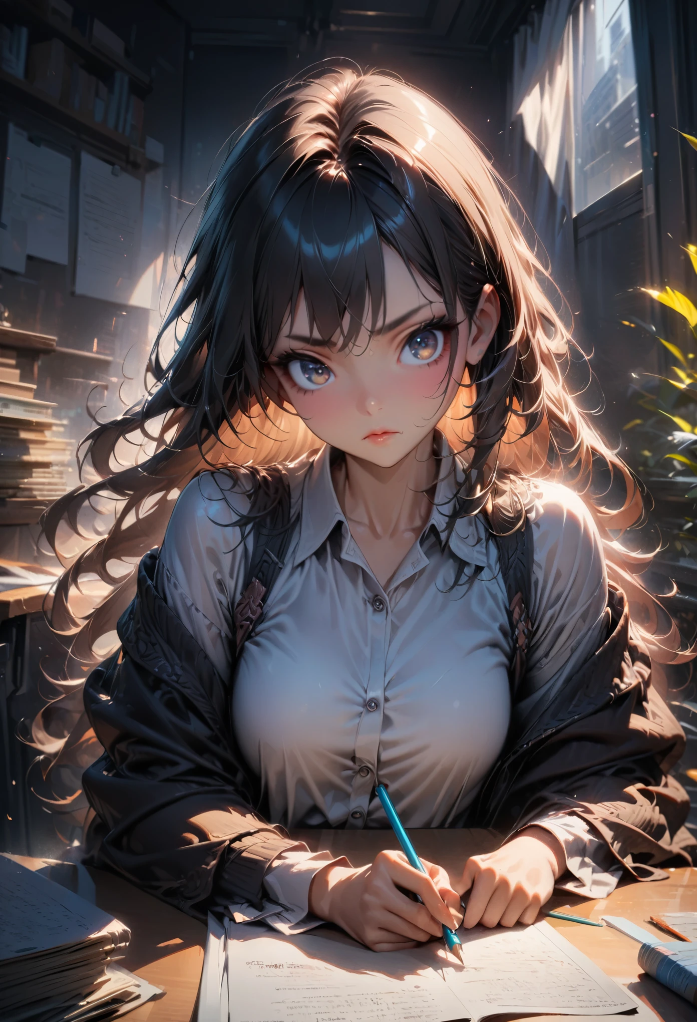 Exam, a girl taking an exam, beautiful detailed eyes, beautiful detailed lips, extremely detailed eyes and face, long eyelashes, serious expression, sitting at a desk, writing with a pencil, textbooks and papers on the desk, warm lighting, best quality, 8k, high-res, (masterpiece:1.2), ultra-detailed, intricate details, natural skin tones, cinematic lighting, dramatic atmosphere, highly detailed background, deep focus