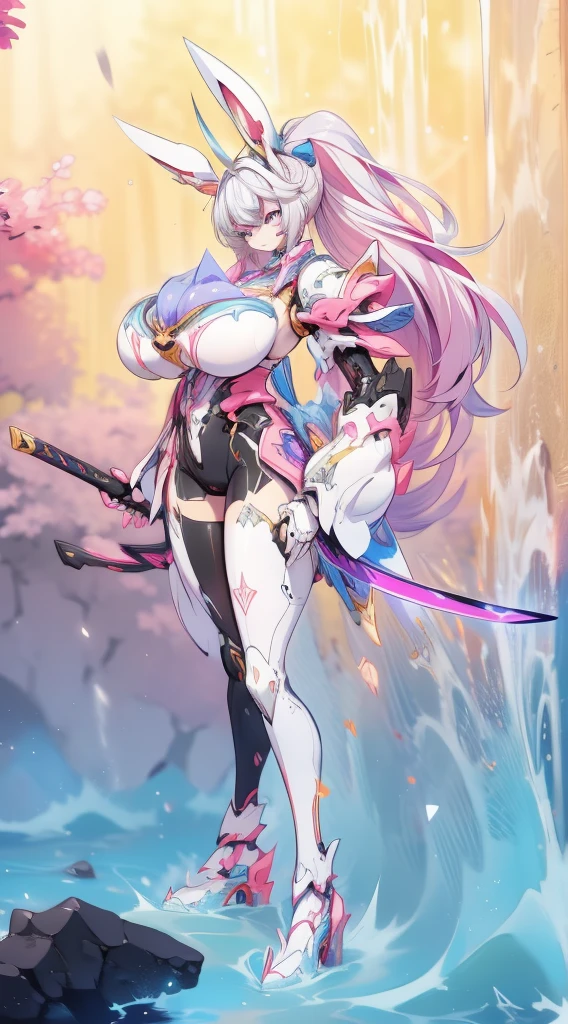 super wide shot, Close-up of the frontal photo itself,Mecha female warrior close-up，Future warrior style《Mech color: The main color is white，blue colors，Purple decoration》，（《Reference Japan Samurai sword》，Katana in hand，The knife itself glows blue），Keqing from Genshin Impact, (Masterpiece) ， The best quality， High quality，Movie Lighting， （Exquisite future）， Beautiful and beautiful， Ultra detailed， great composition， Floating， Depth of field， （Very detailed CG，Unity 8k Wallpaper）， （Beautiful detail background）， dramatic lights， GOGETTA， Mecha，best qualtiy，Ultra-high 8K Ultra HD，digital SLR camera，high qulity，Film particle resolution，detailed face with，opulent，milkyW，Highly detailed skin，Realistic details of skin，Visible Pore，tack sharp focus，volume fog，8K  UHD，digital SLR camera，high qulity，filmgrain，White skin of the