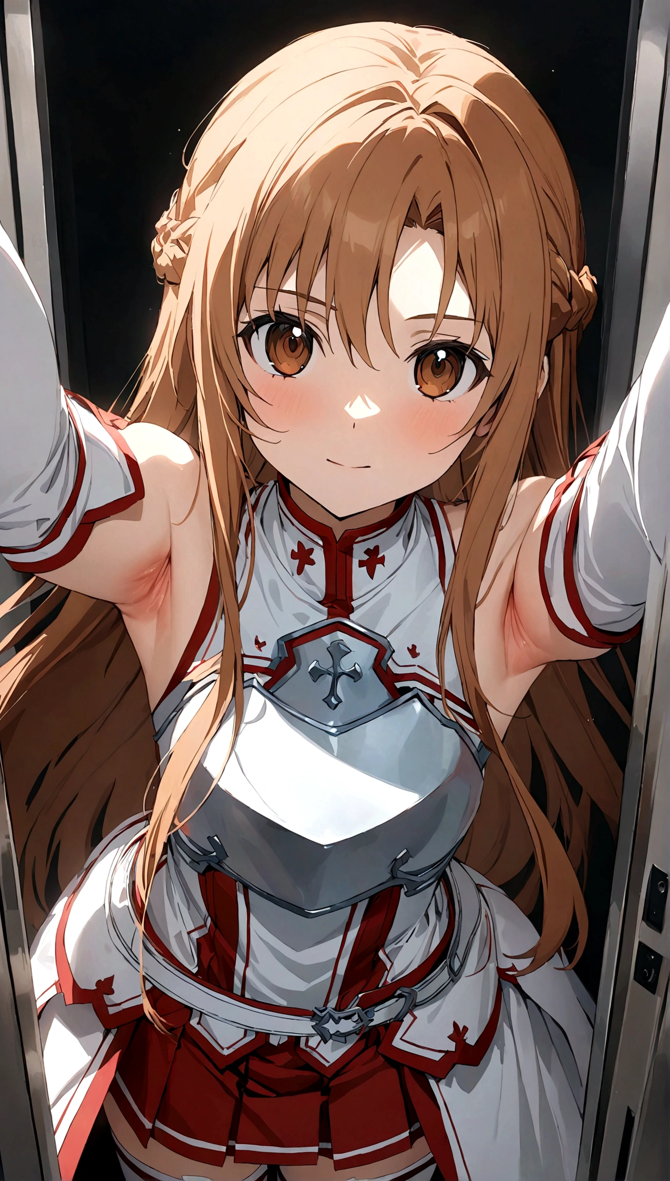 masterpiece, best quality, very aesthetic, absurdres, newest,,asuna_(sao),sword_art_online,  armor, armored_dress, armpit_peek, armpits, bare_shoulders, belt, braid, breastplate, brown_eyes, brown_hair, detached_sleeves, dress, elbow_gloves, french_braid, gloves, long_hair, miniskirt, pleated_skirt, red_skirt, skirt, sleeveless, sleeveless_dress, thighhighs, very_long_hair, white_armor, white_belt, white_dress, white_sleeves, white_thighhighs, zettai_ryouiki,in a lift, in a elevator,from above