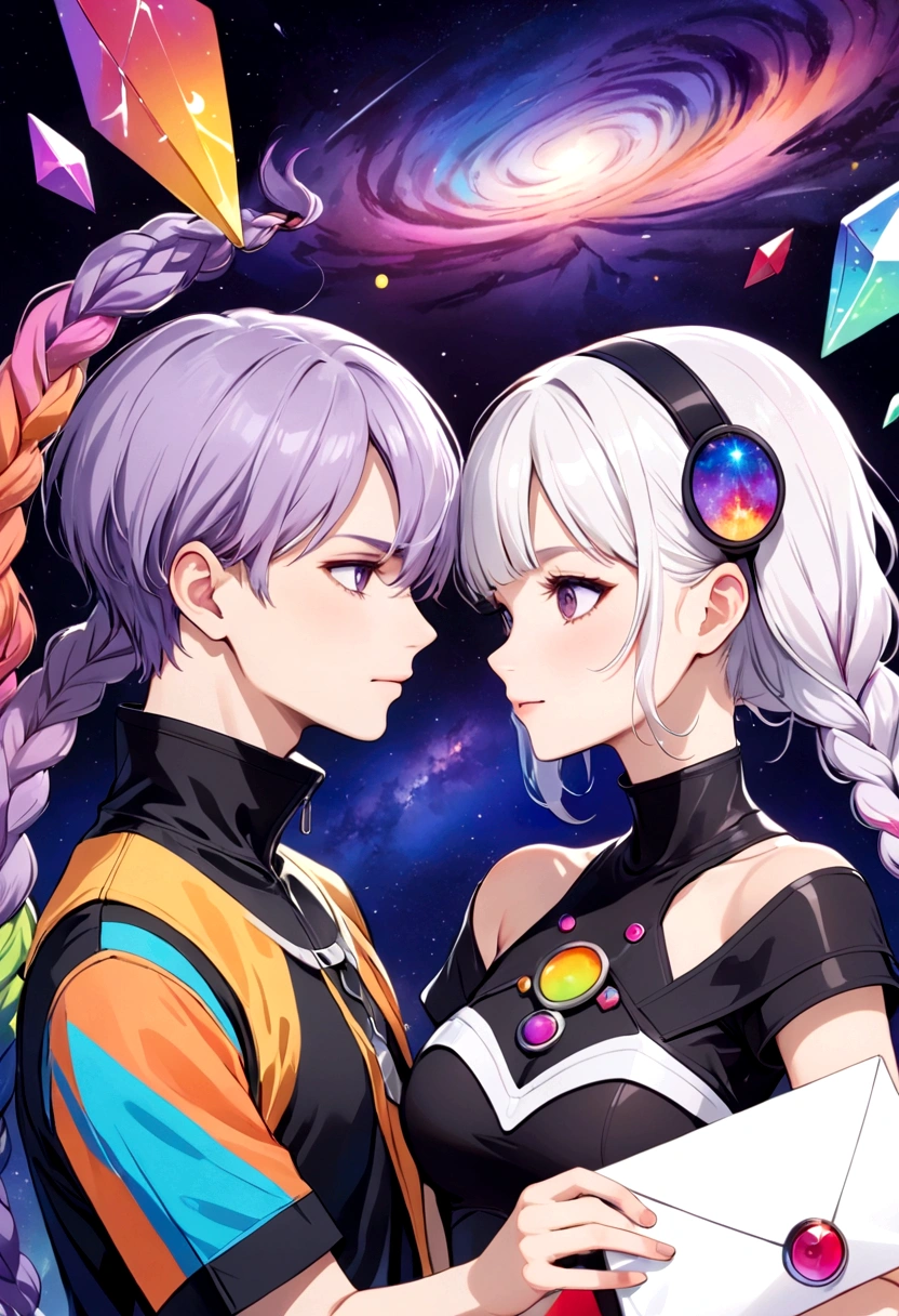 Graphic design,vector art,Smooth lines,simple style,Funny couple poster design:Break,Boys short hair white,Girl white hair purple Hair accessories long braids,Hair accessories,High collar off-shoulder short sleeves,Galaxy theme,(fashion design),(Vibrant colors)(Vibrant colors),(((Leave the top blank,letter &References;rich and colorful")))