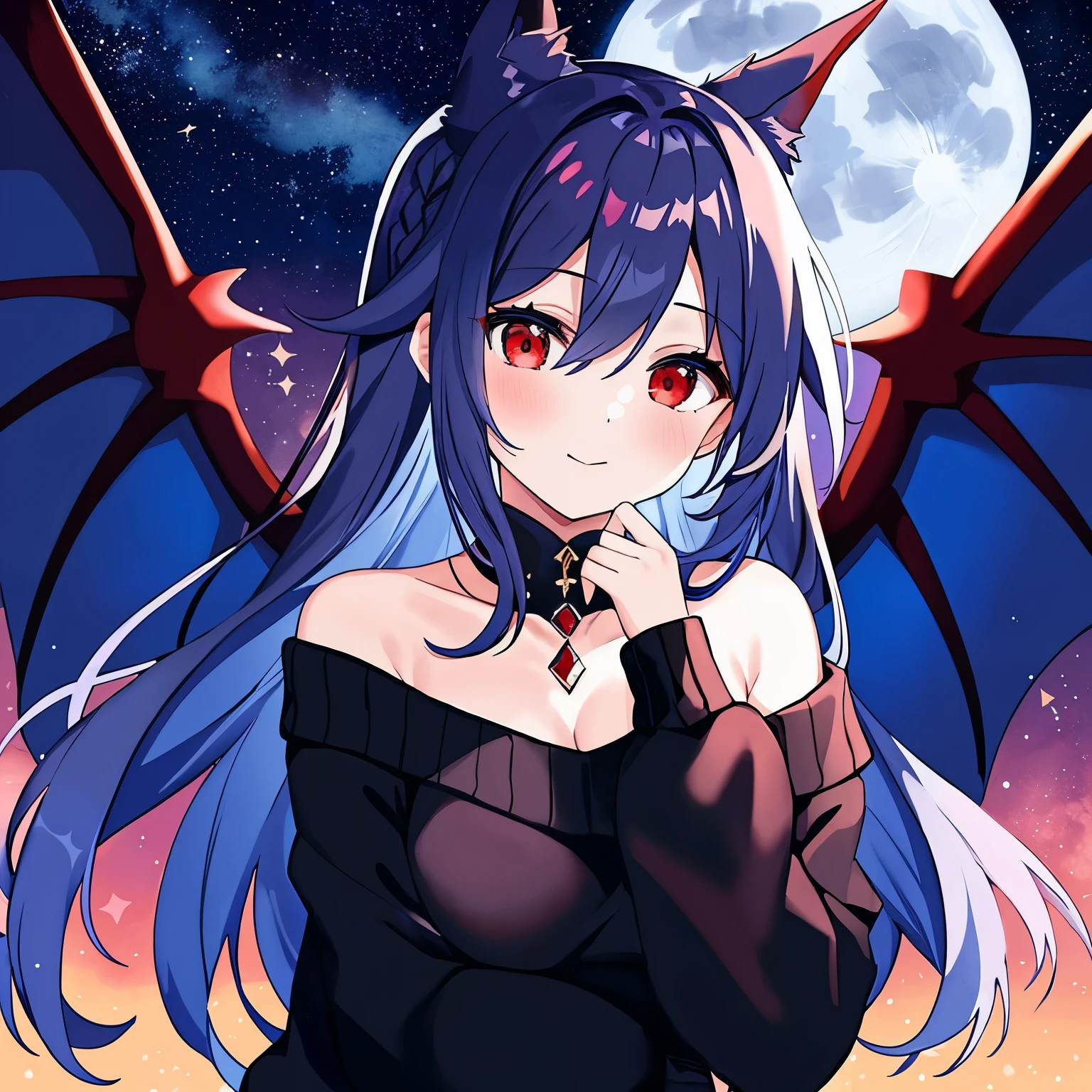 1girl, off-shoulder black sweater, Masterpiece, high resolution, anime style beautiful girl, cobalt blue hair, vampire, wings, red eyes, nighttime, blue moon, galaxy background, vampire