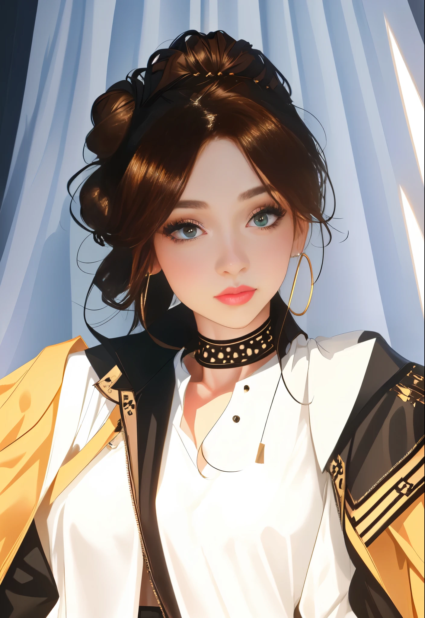 The environment is mysterious and elegant, Model, High contrast required, Jewelry, earrings, miniskirt, shirt, Jacket, brown hair, 白shirt, A bracelet, Hair Bun, single Hair Bun, long skirt, Shut up, Hoop Earrings, blue Jacket, roll up sleeves, Revealing clothes, cosmetic, White Skirt