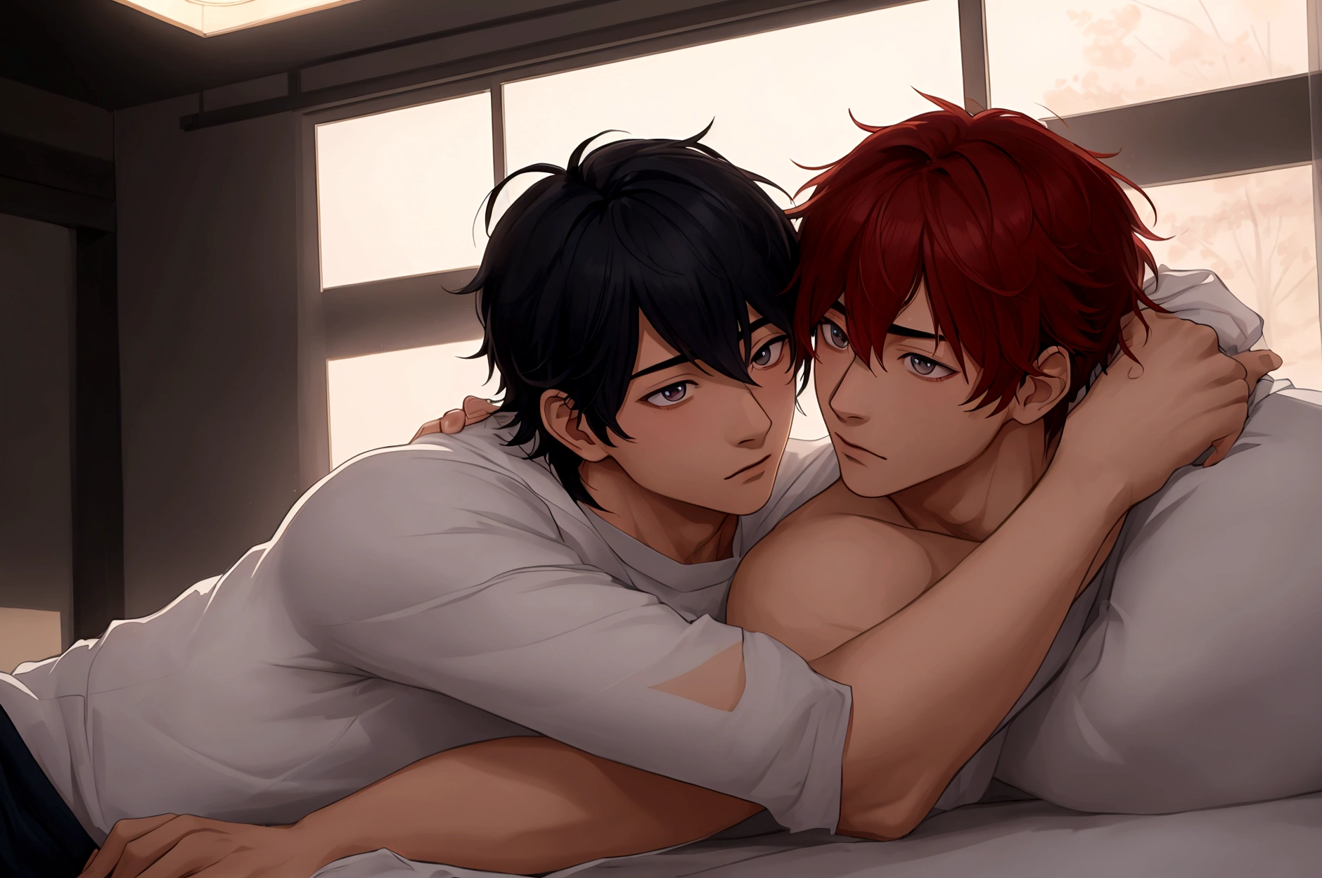 A handsome 17-year-old japanese high school boy, wearing sexy transparent briefs,extremely muscular, detailed facial features, beautiful eyes, striking jawline, highly detailed, photorealistic, 8k, studio lighting, vibrant colors, dynamic pose,they hug each other.